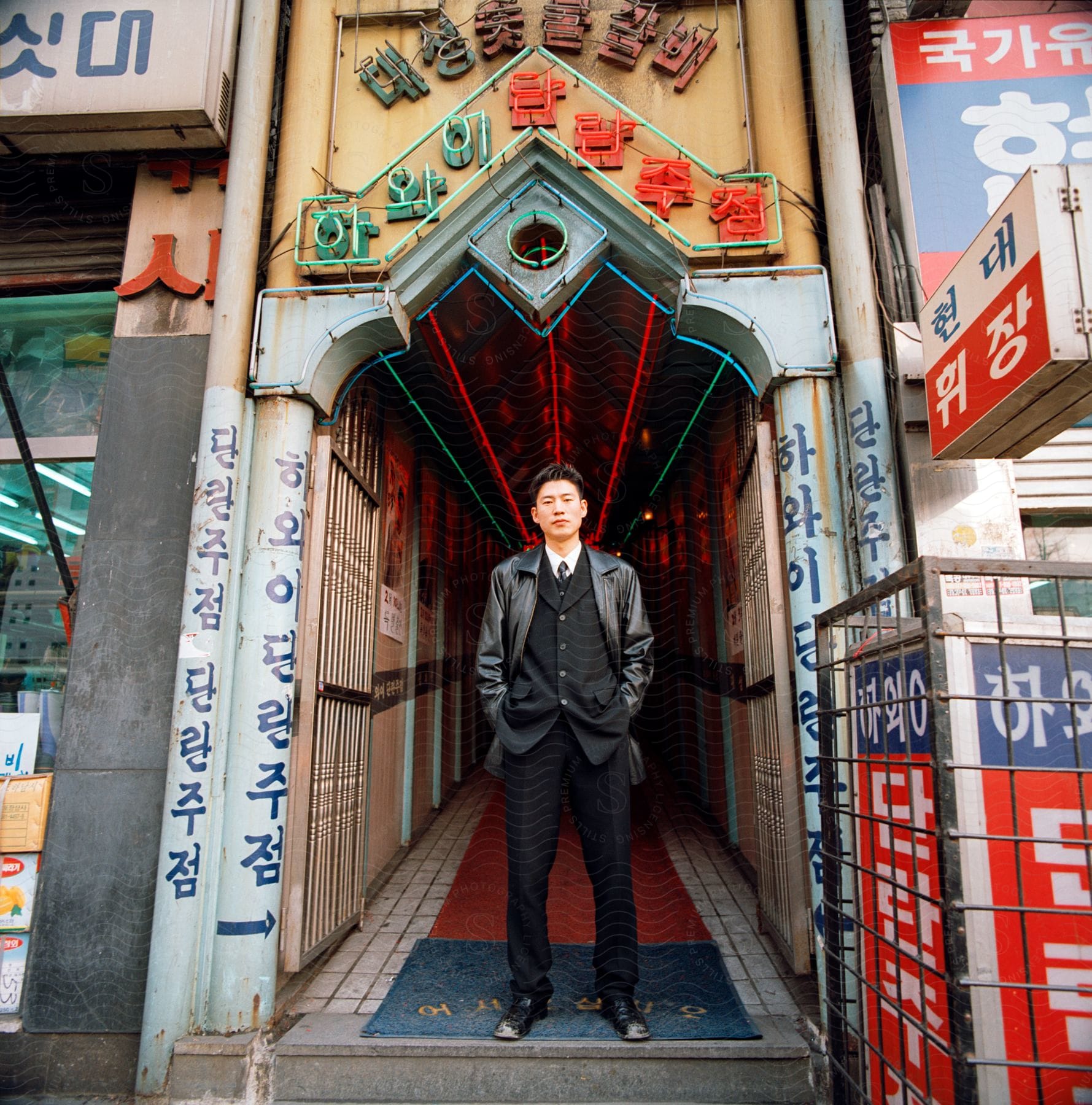 A man in a suit stands at the entrance of a building exuding confidence and pride