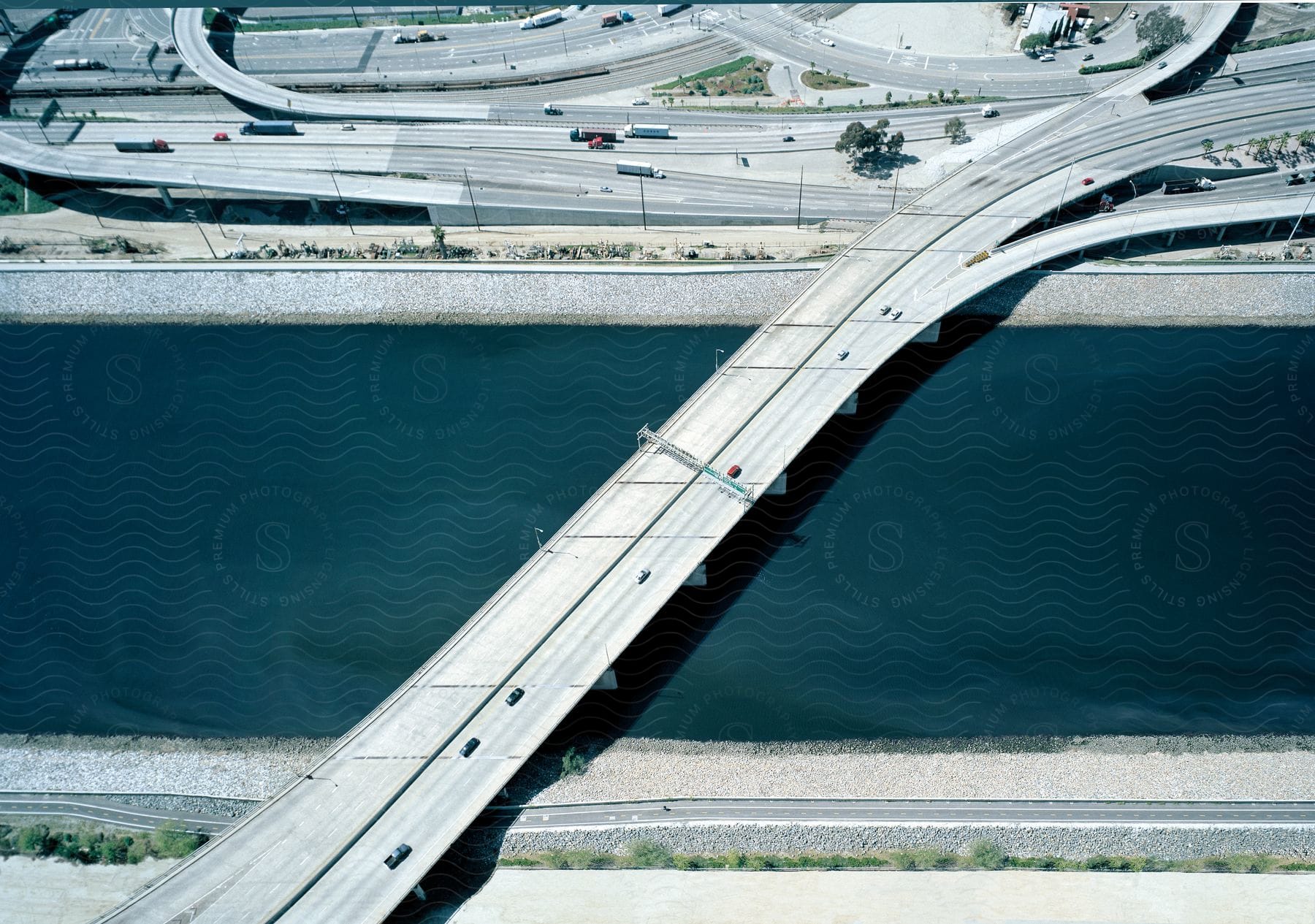 A highway bridge crossing a canal