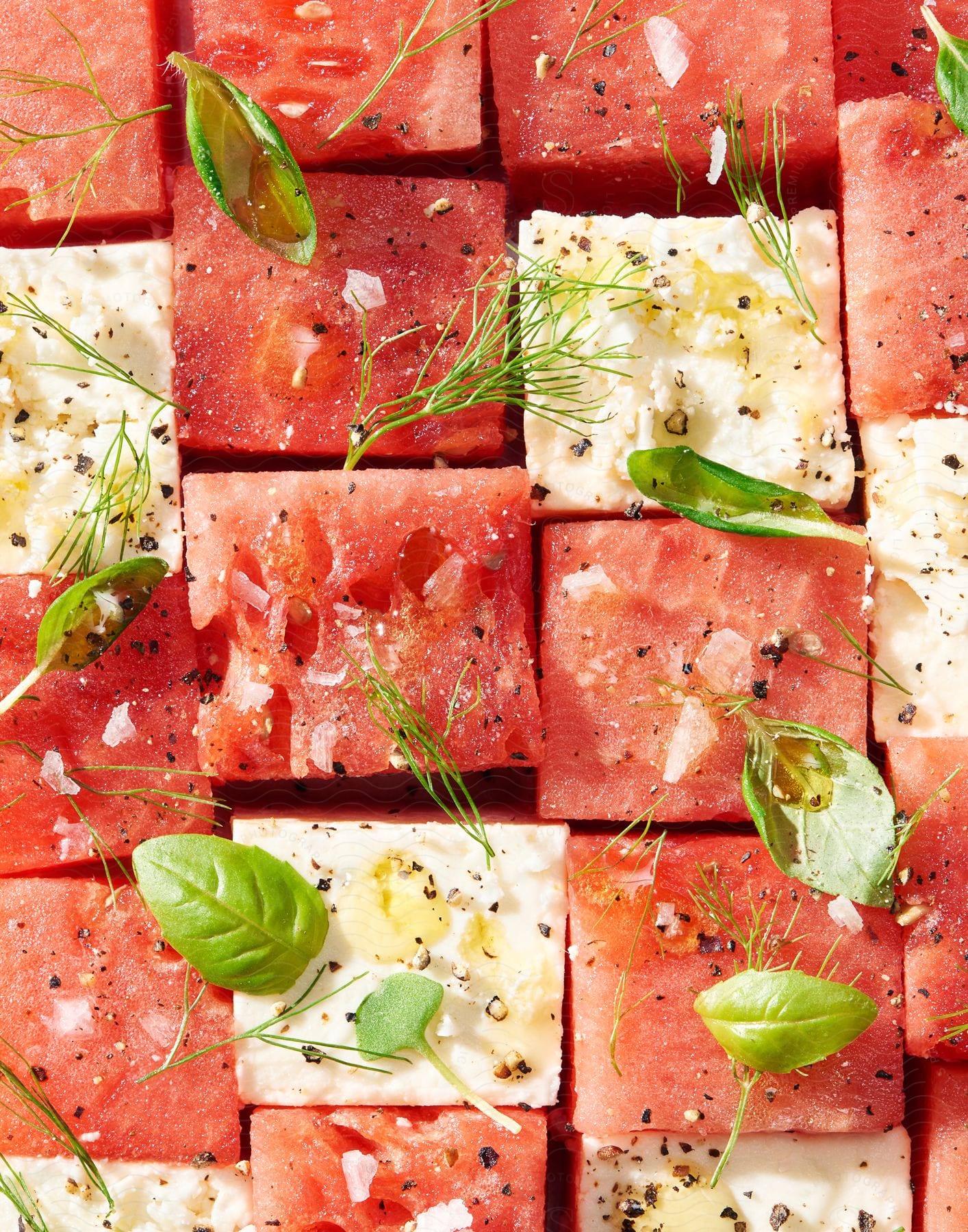 Watermelon and cheese cubes garnished with herbs and pepper