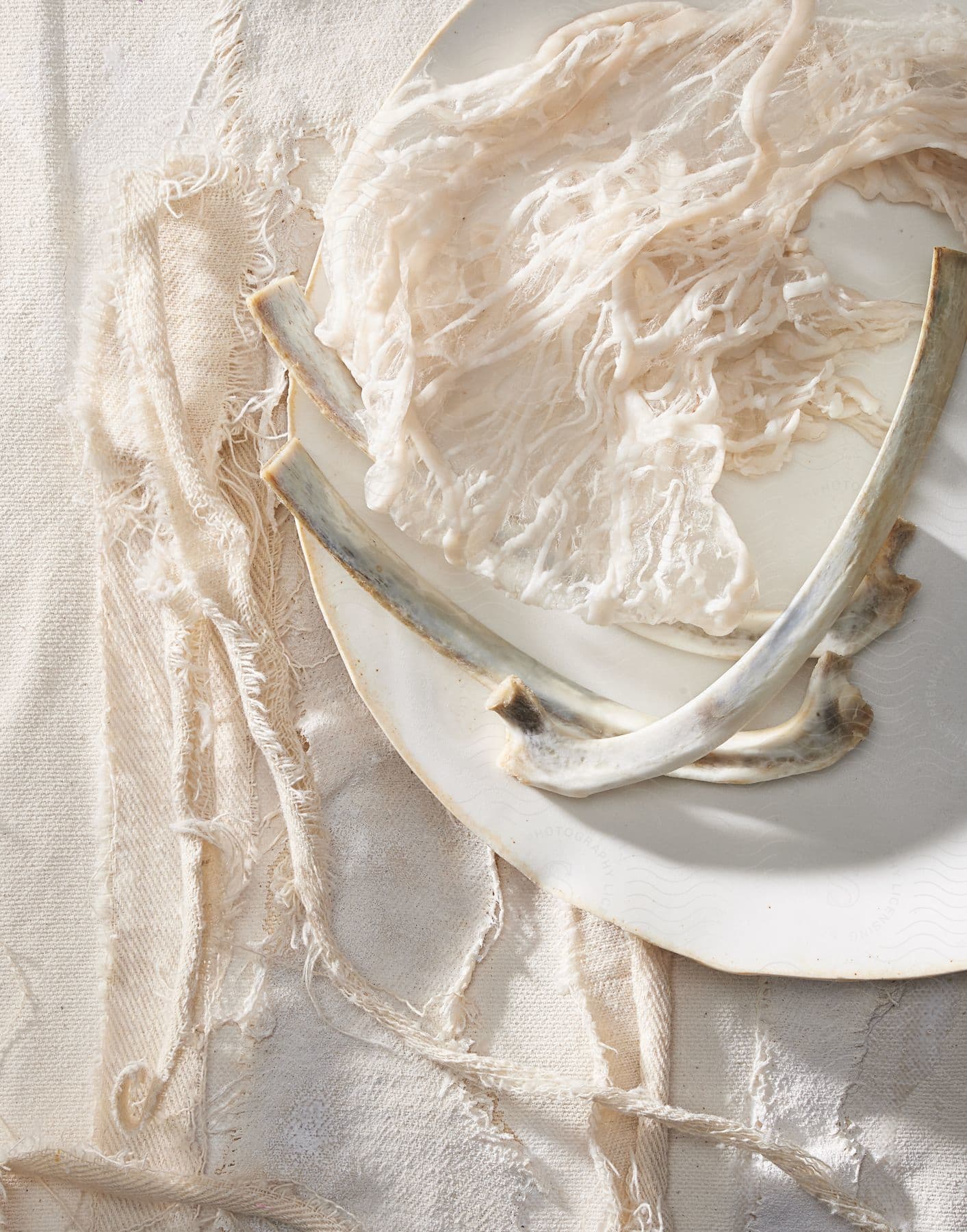 Three dried cow bones with oildried skin arranged on a large plate atop a woven thorn cloth