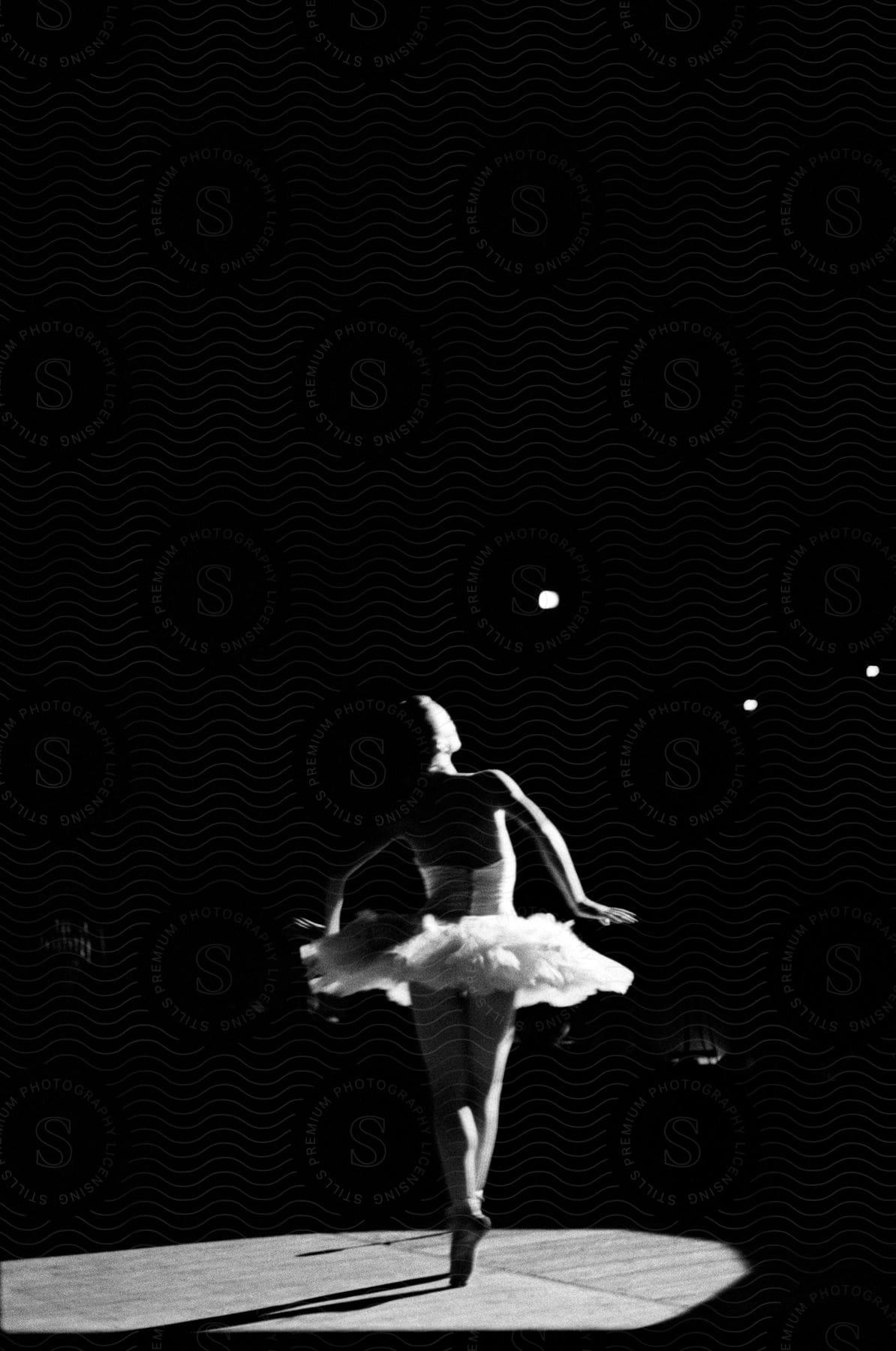 A woman in a tutu is illuminated by a spotlight on a stage in a dark theater
