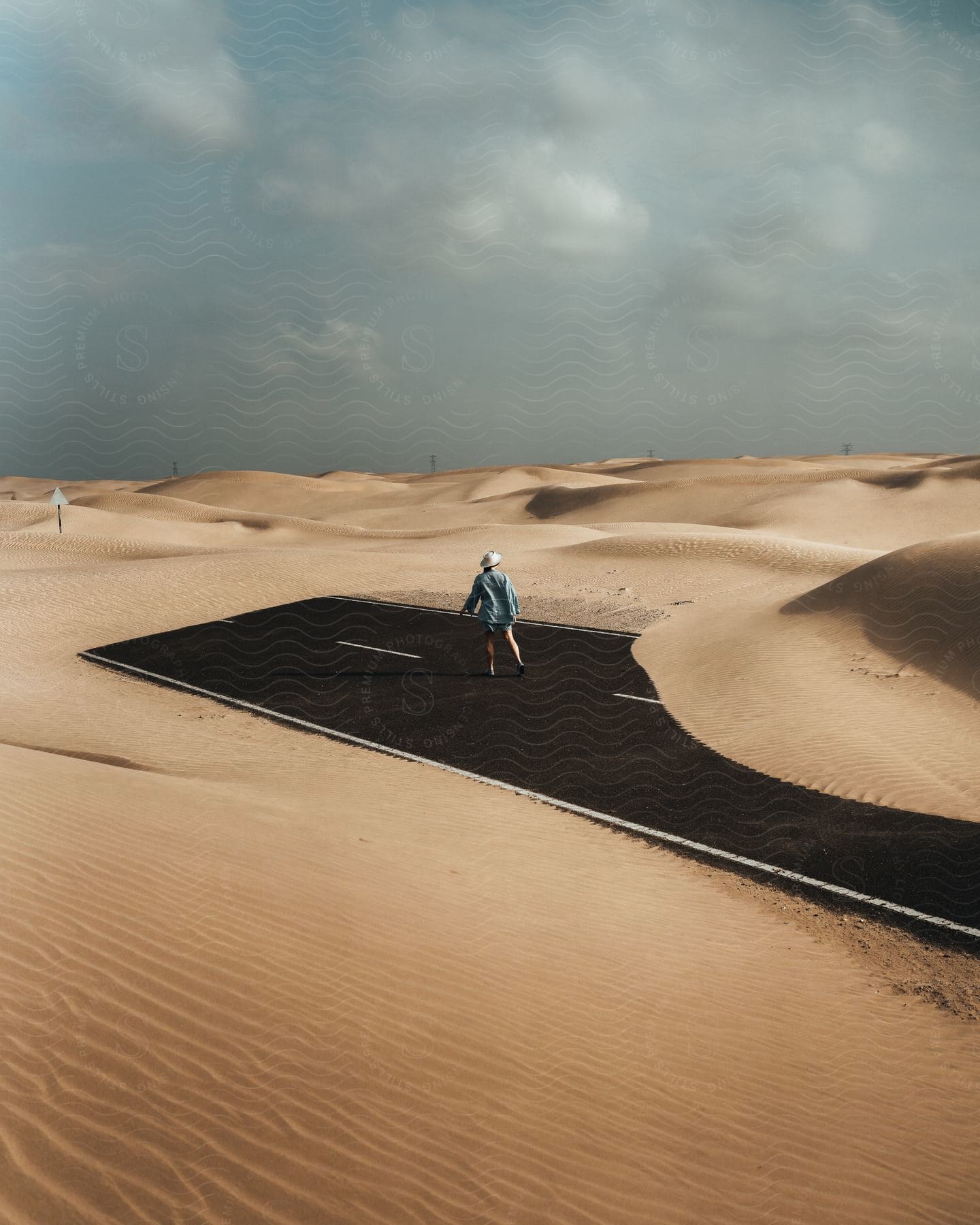 Woman walking on highway in desert