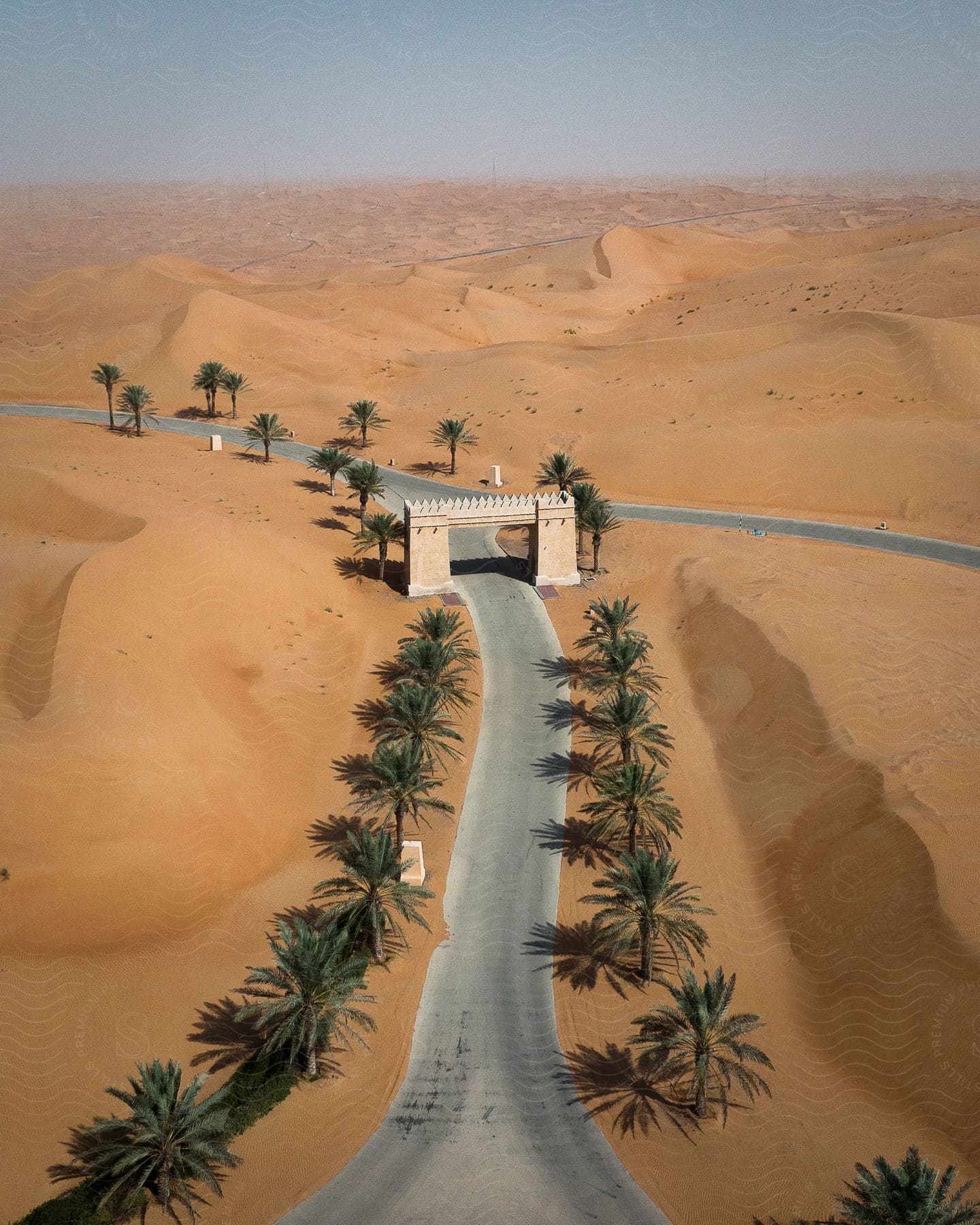 A landscape with a desert road trees and a building in the united arab emirates