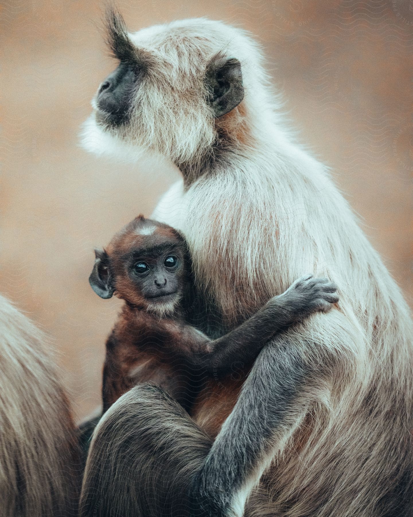 A monkey mother holding her baby in the wilderness