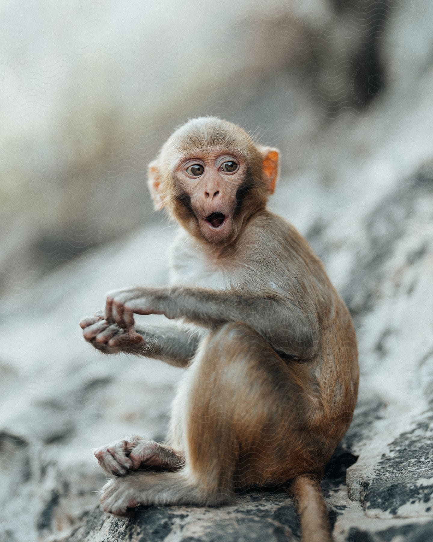 A Rhesus Monkey Sits On A Rock Hill With Its Mouth In The Shape Of An Oh Hands Together Looking Off Frame