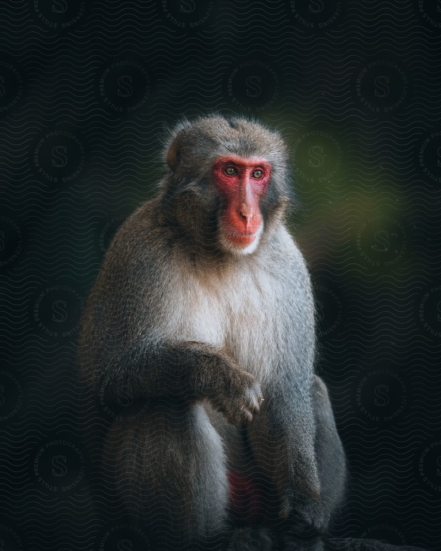 A macaque monkey sitting in the wilderness looking to the right