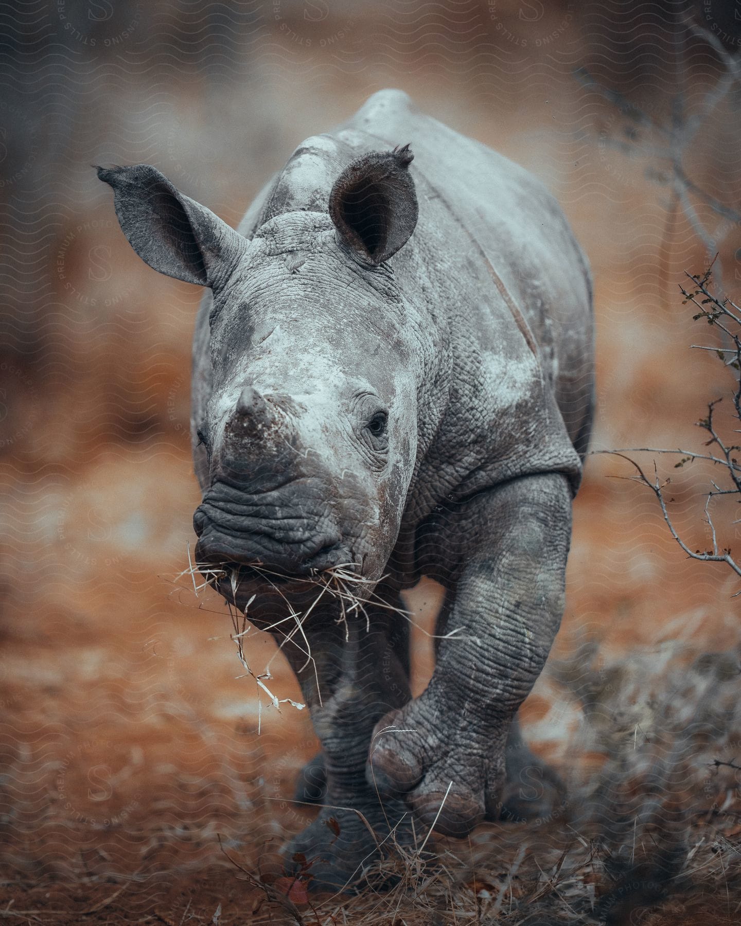 A rhinoceros is walking forward eating grass along the way in the outdoors during daytime