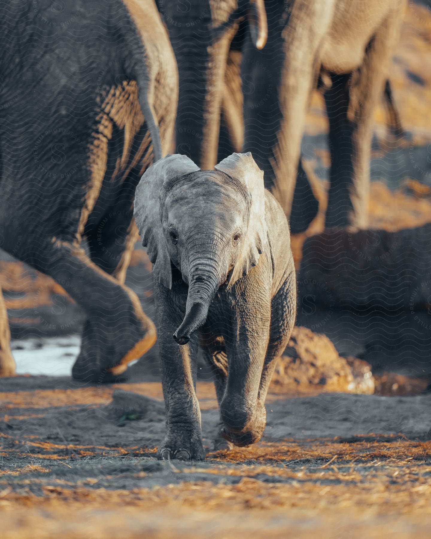 An adult elephant stands tall as a curious baby elephant ventures ahead