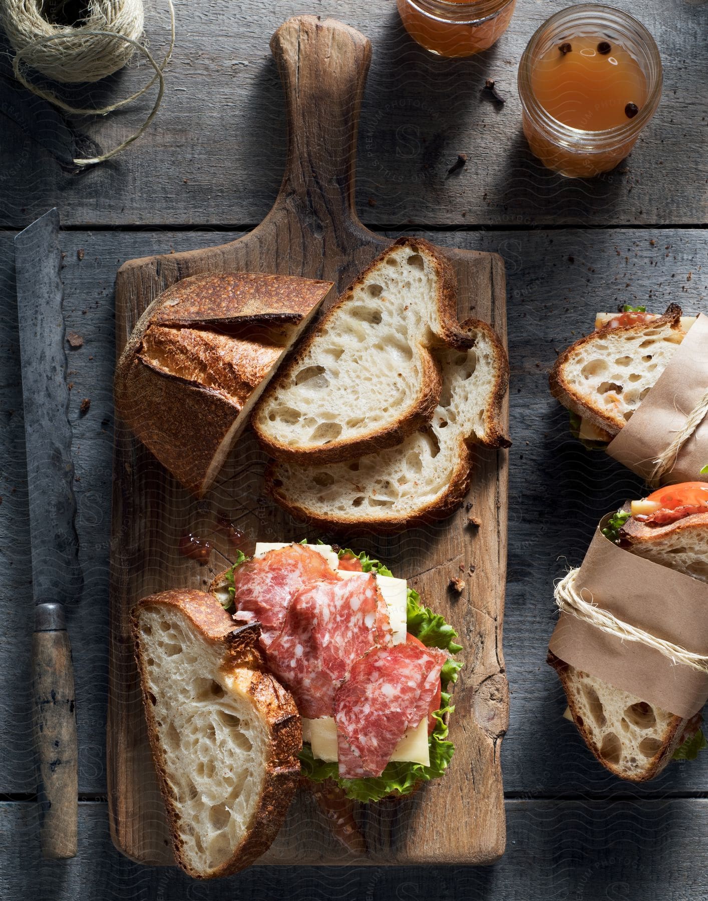 A person has prepared sandwiches sitting on a table