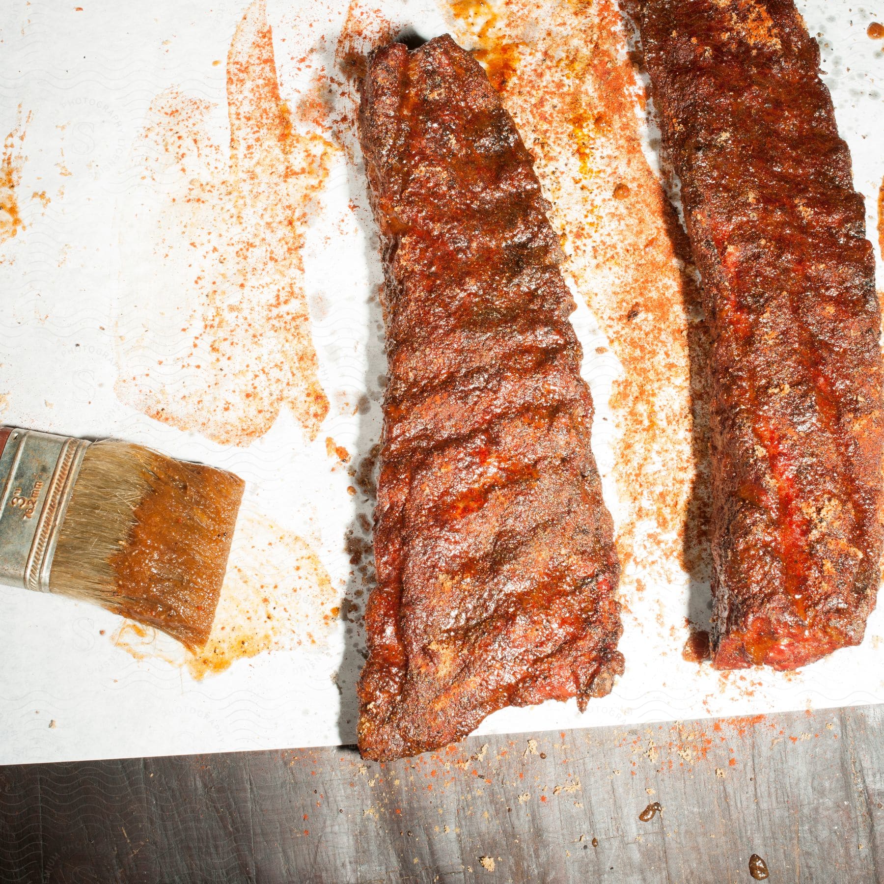 A couple of ribs covered in sauce over a white countertop and a kitchen brush to their left