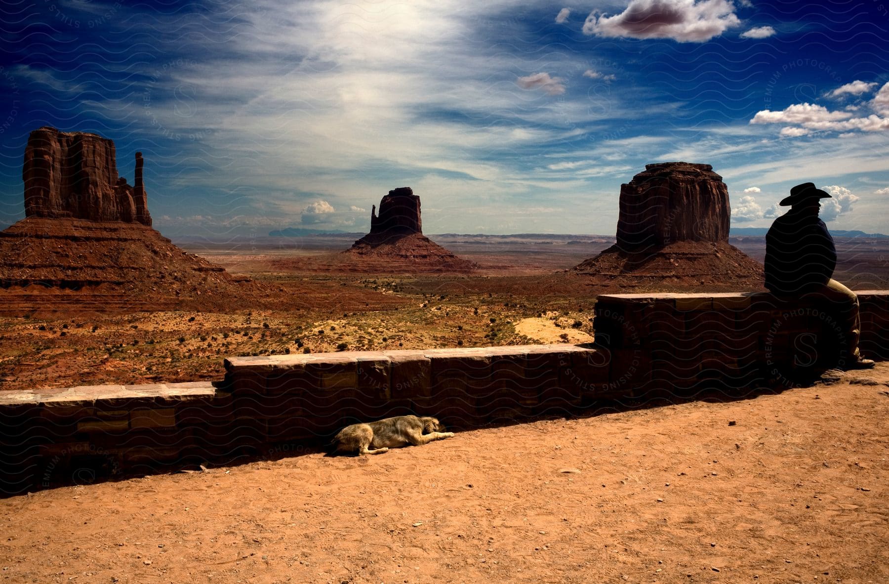 A man wearing a cowboy hat is observing monument valley from a viewpoint with his dog