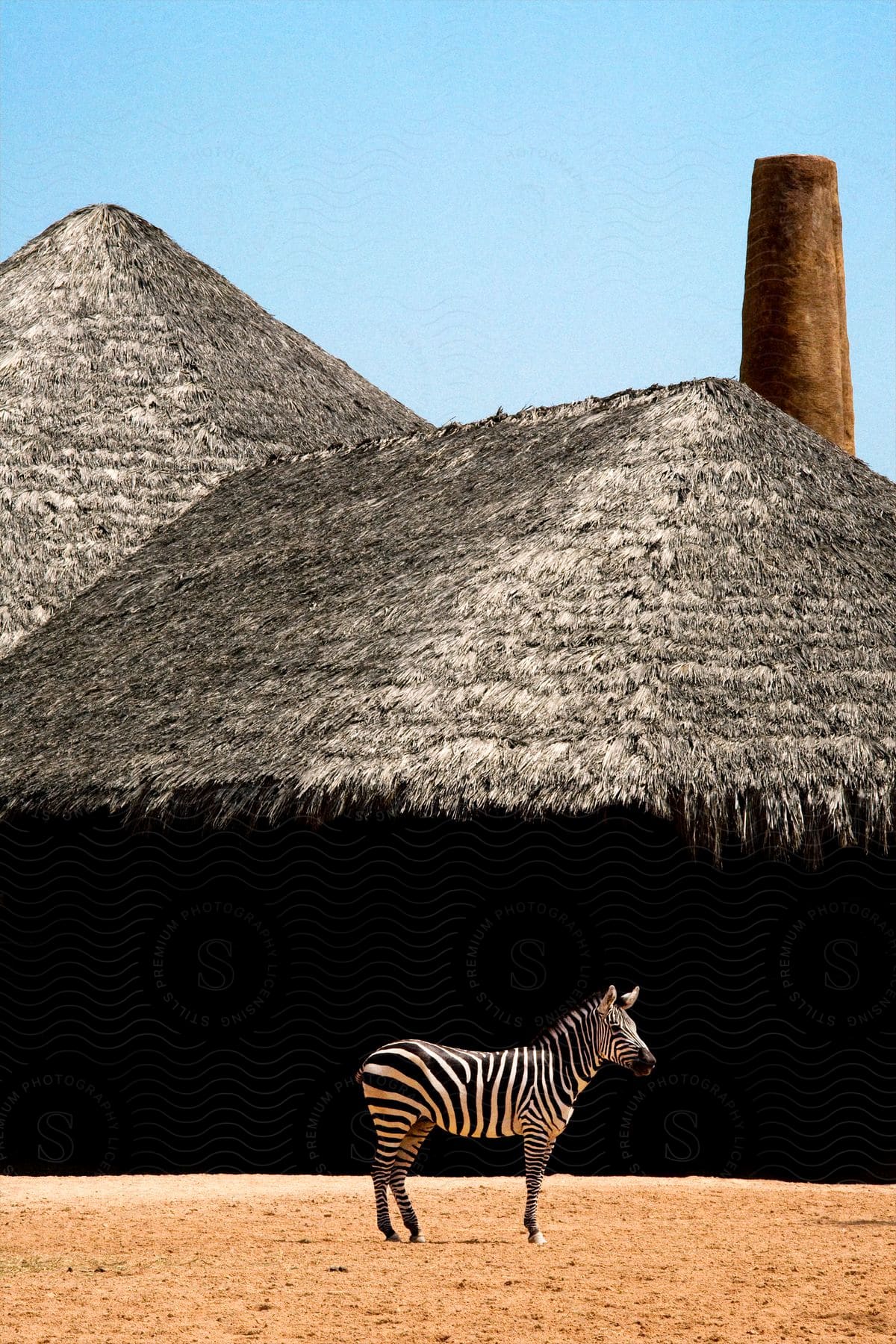 Zebra in front of a thatched roof house in a flat landscape