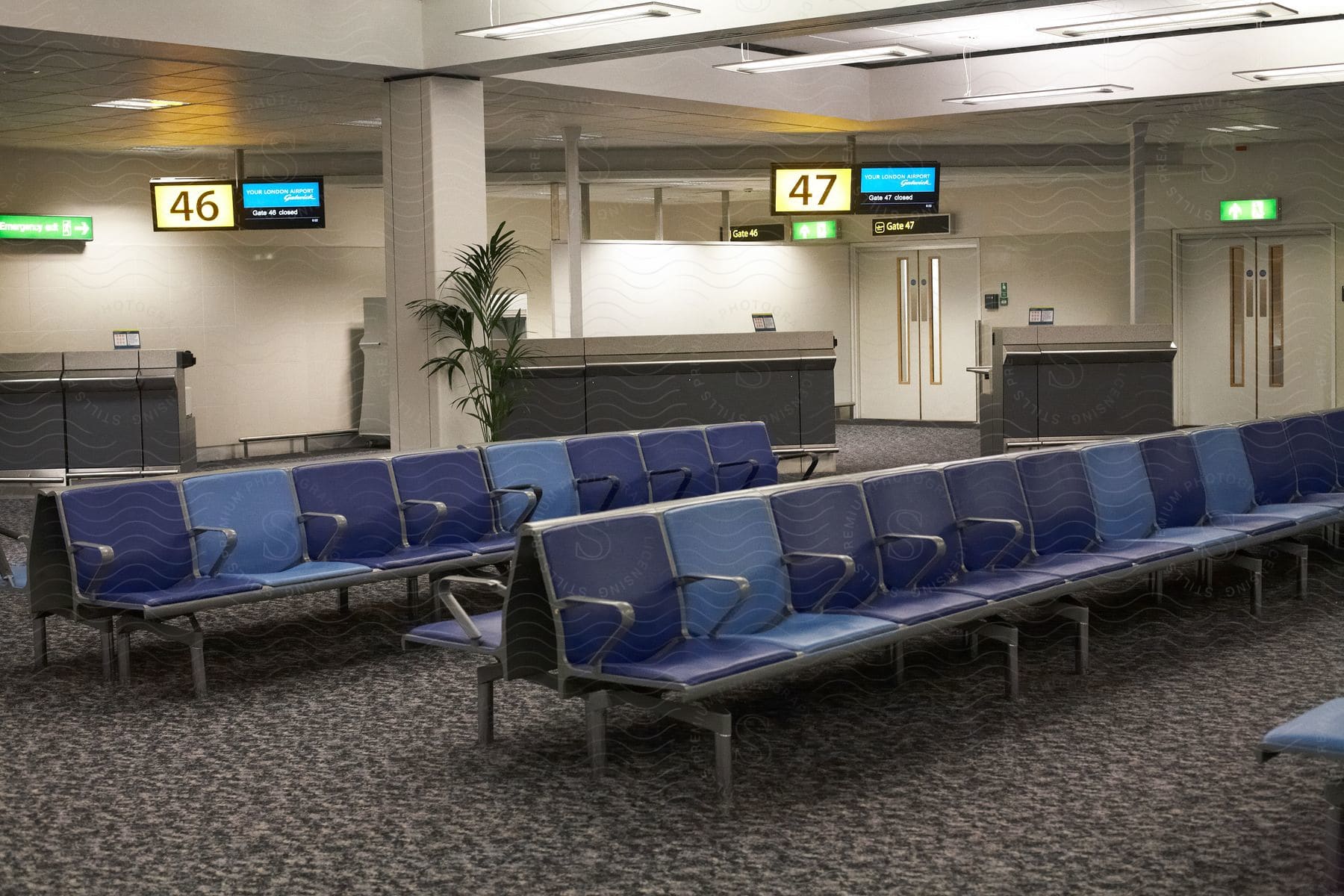 A carpeted lobby in an airport with rows of chairs and desks and signs in the background