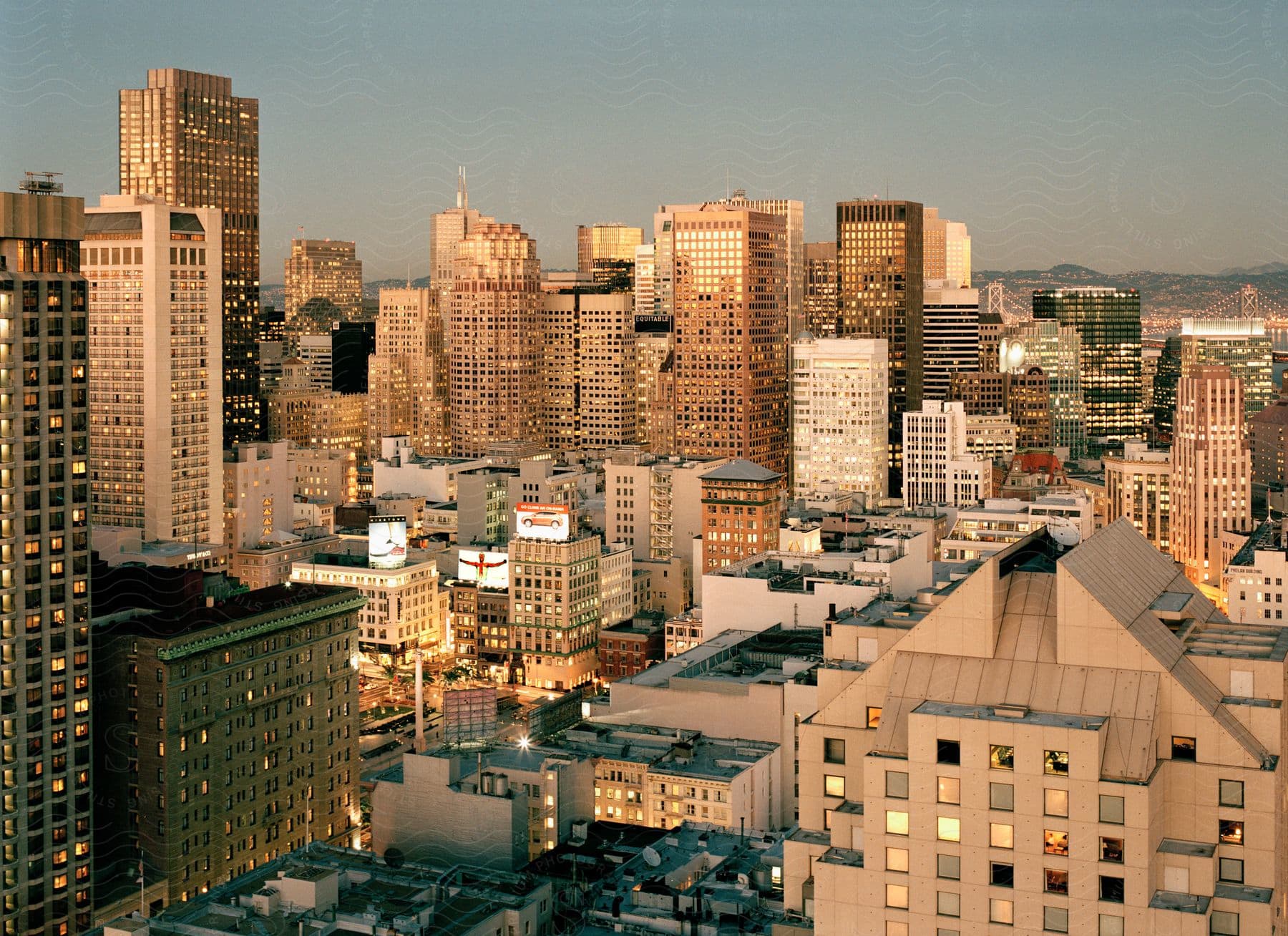 Aerial perspective of tall buildings and skyscrapers in the city