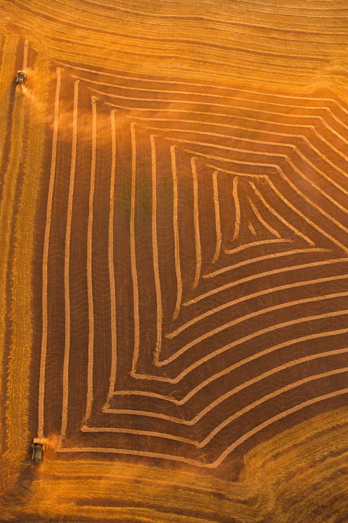 Two tractors harvesting crops creating peculiar shapes in the ground