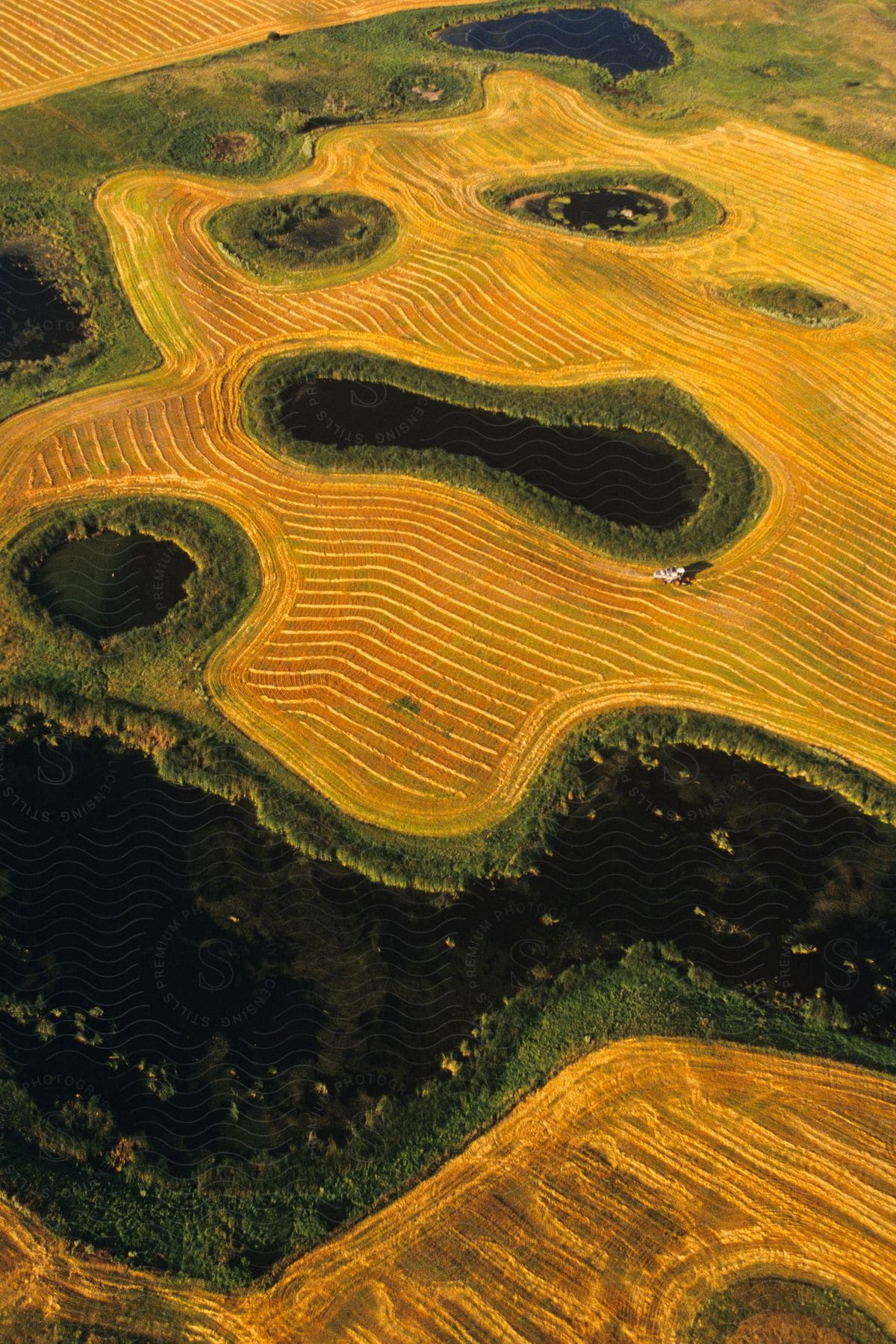 A tractor in motion clearing farmland in an aerial perspective