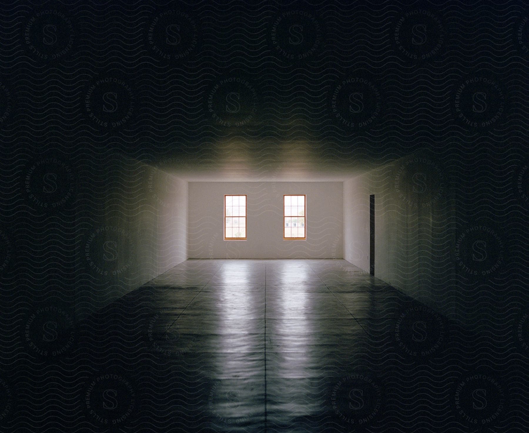A dimly lit room with two windows on the far wall a door in the middle and light shining through the windows