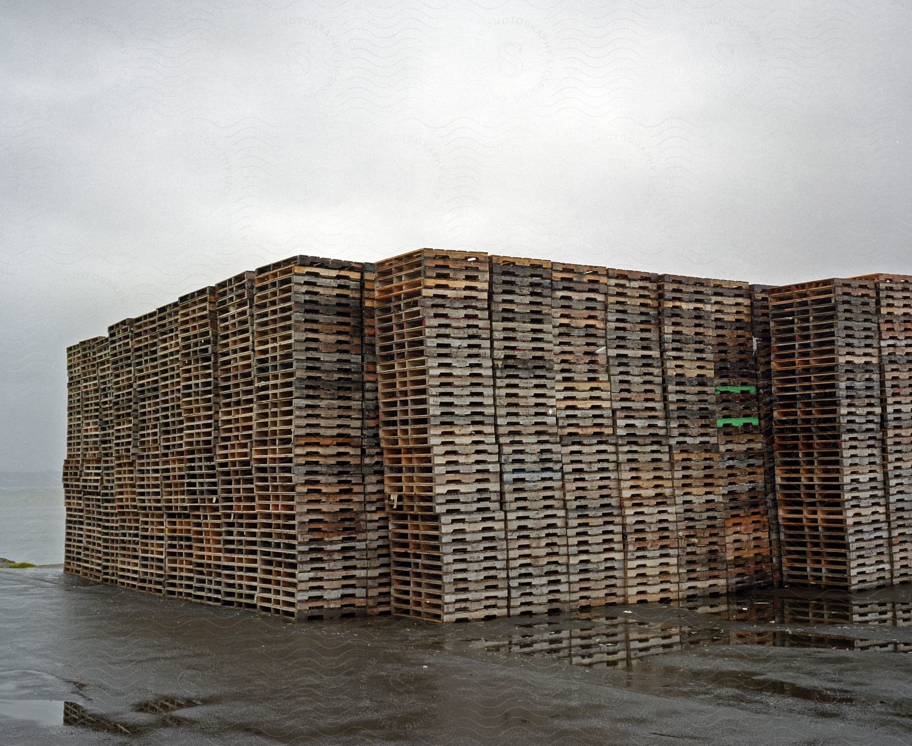 Wooden shipping pallets stacked in rows on a wet outdoor cement yard on a cloudy day