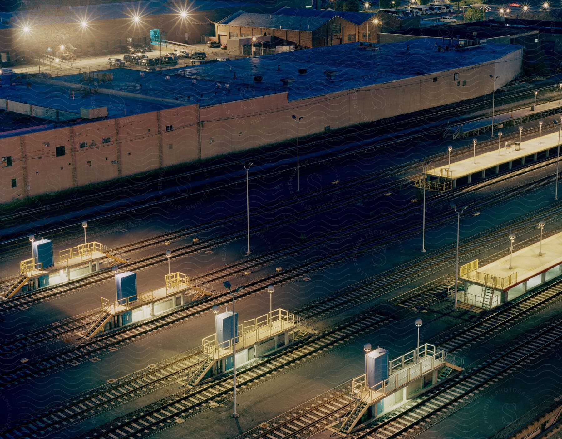 A railroad yard with docking stations for organizing and preparing trains for various operations