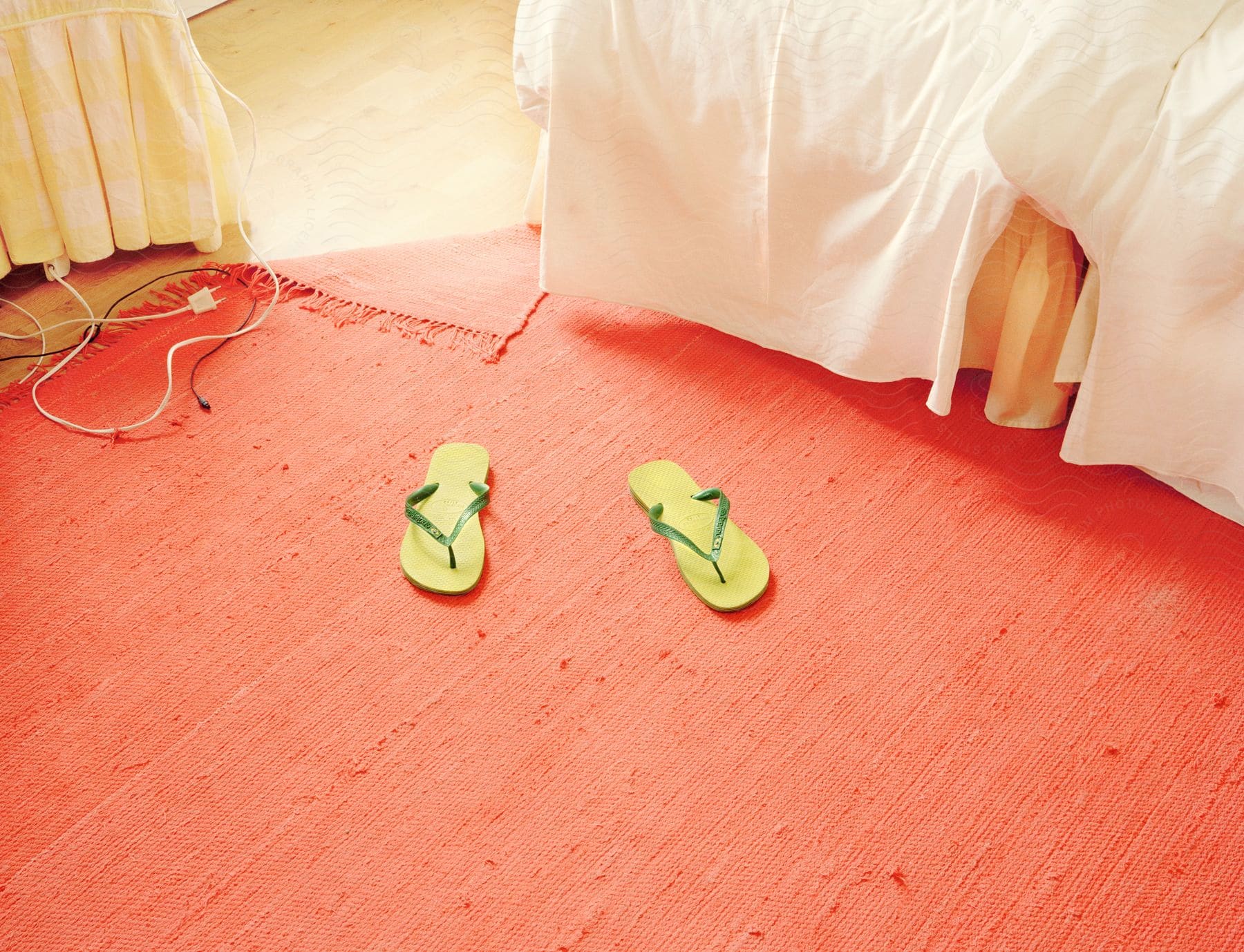 Pair of green slippers on an orange rug