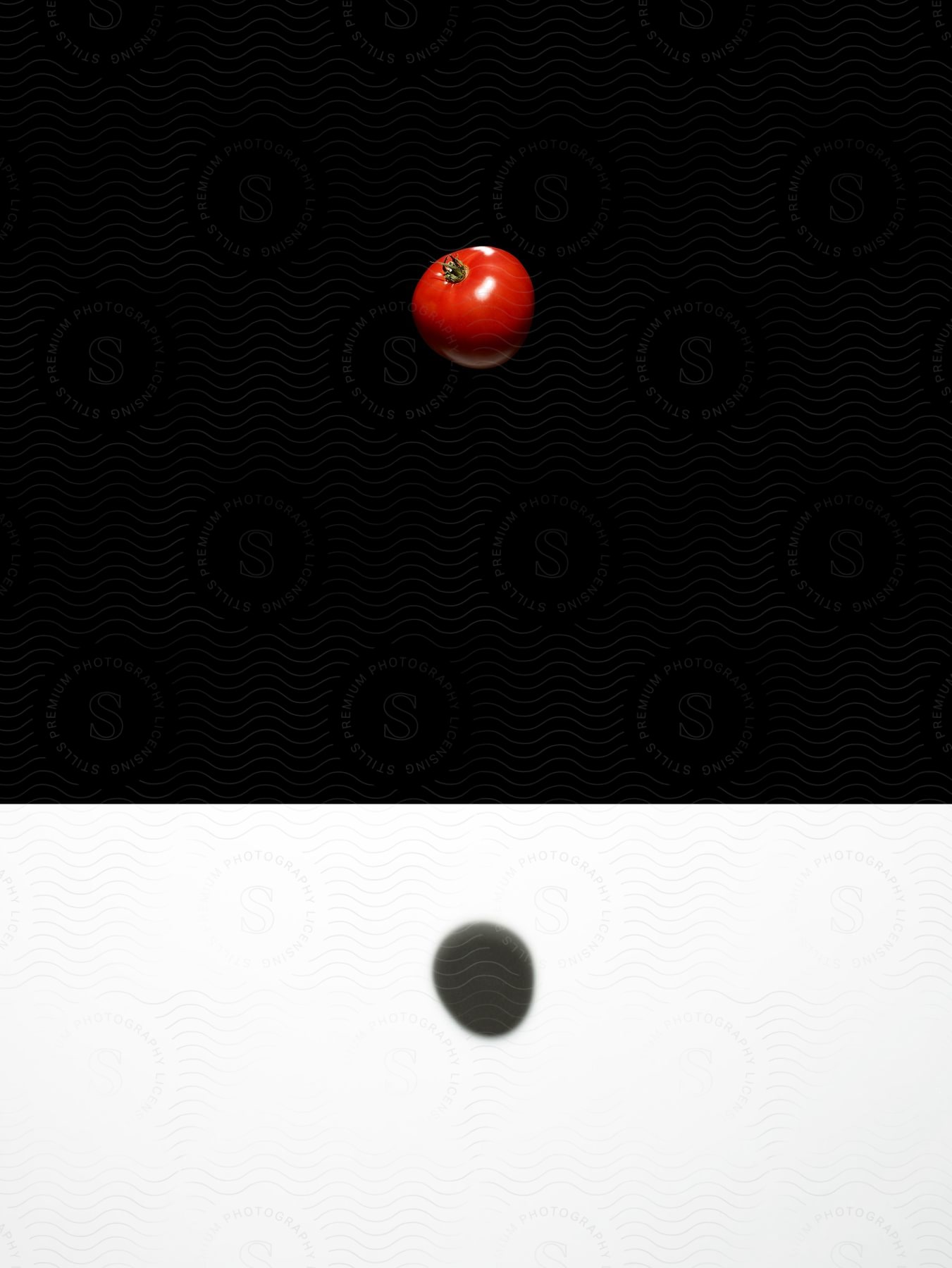 A tomato suspended in midair against a black background with its shadow below on a white surface