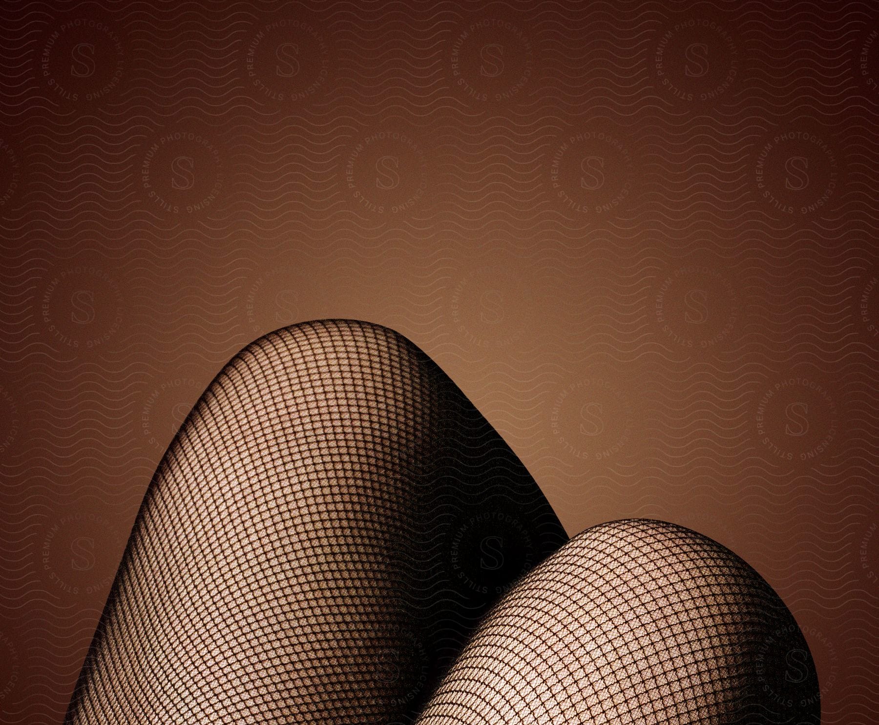 A closeup of knees in fishnet stockings