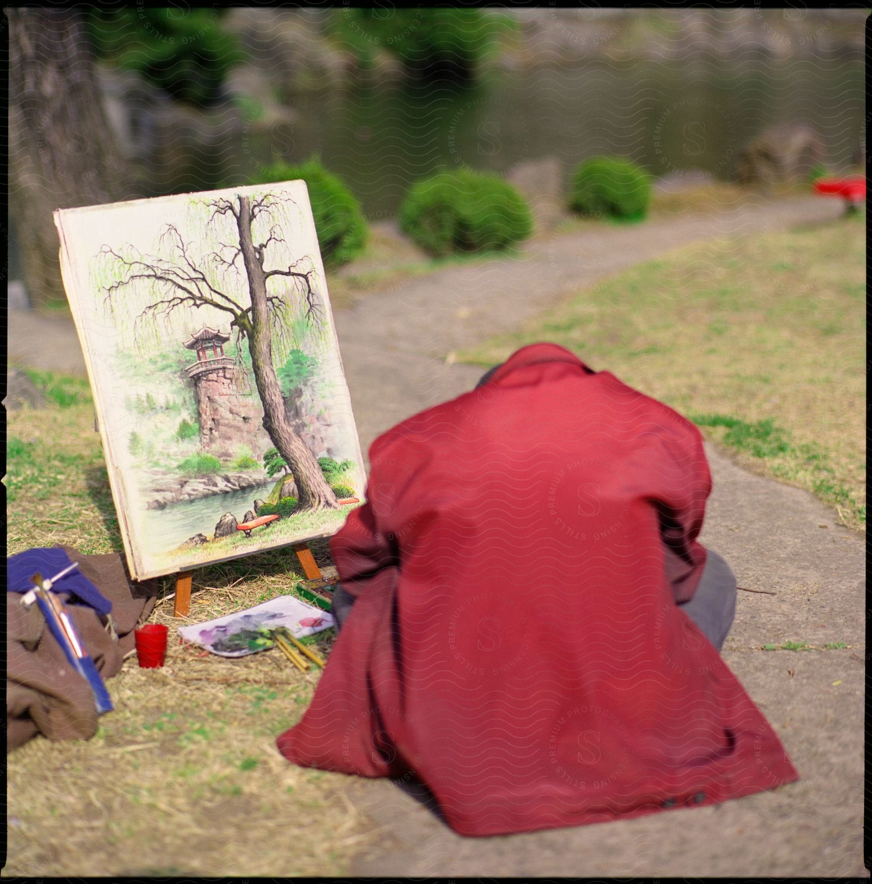 An artist in a red jacket sits hunched over on the ground with a finished painting nearby