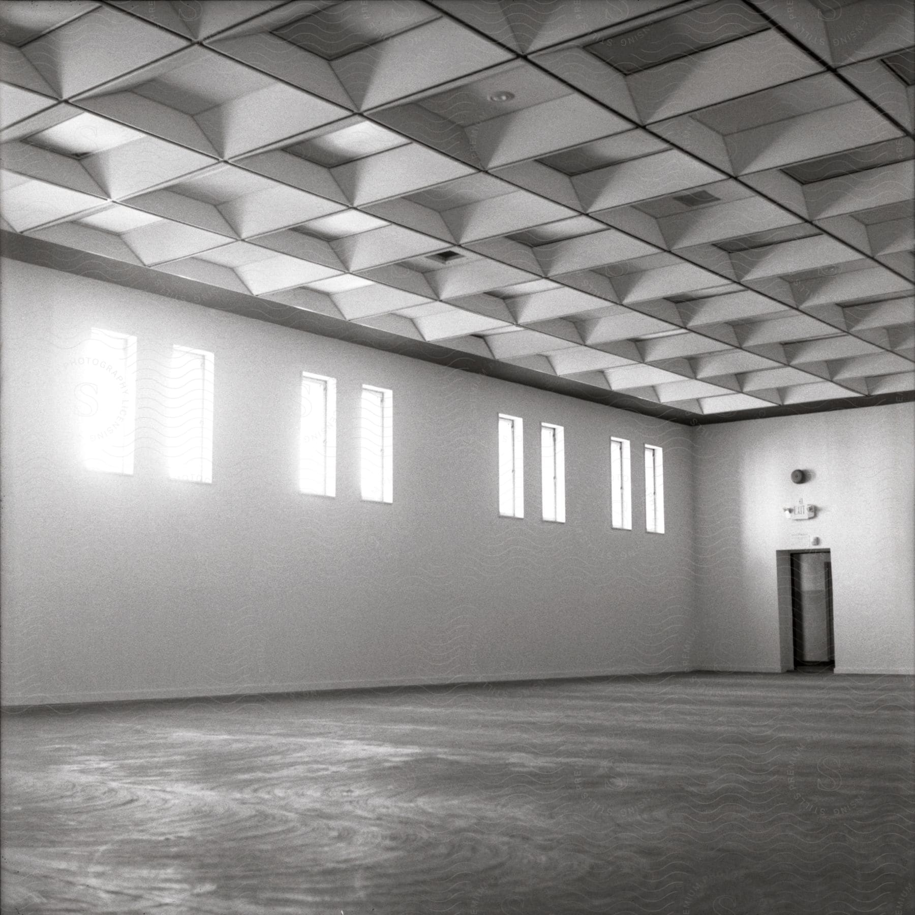 Black and white multipurpose room with carpeted floor waffle designed recessed drop ceiling and rectangular windows with sunlight beaming through from upper half of wall