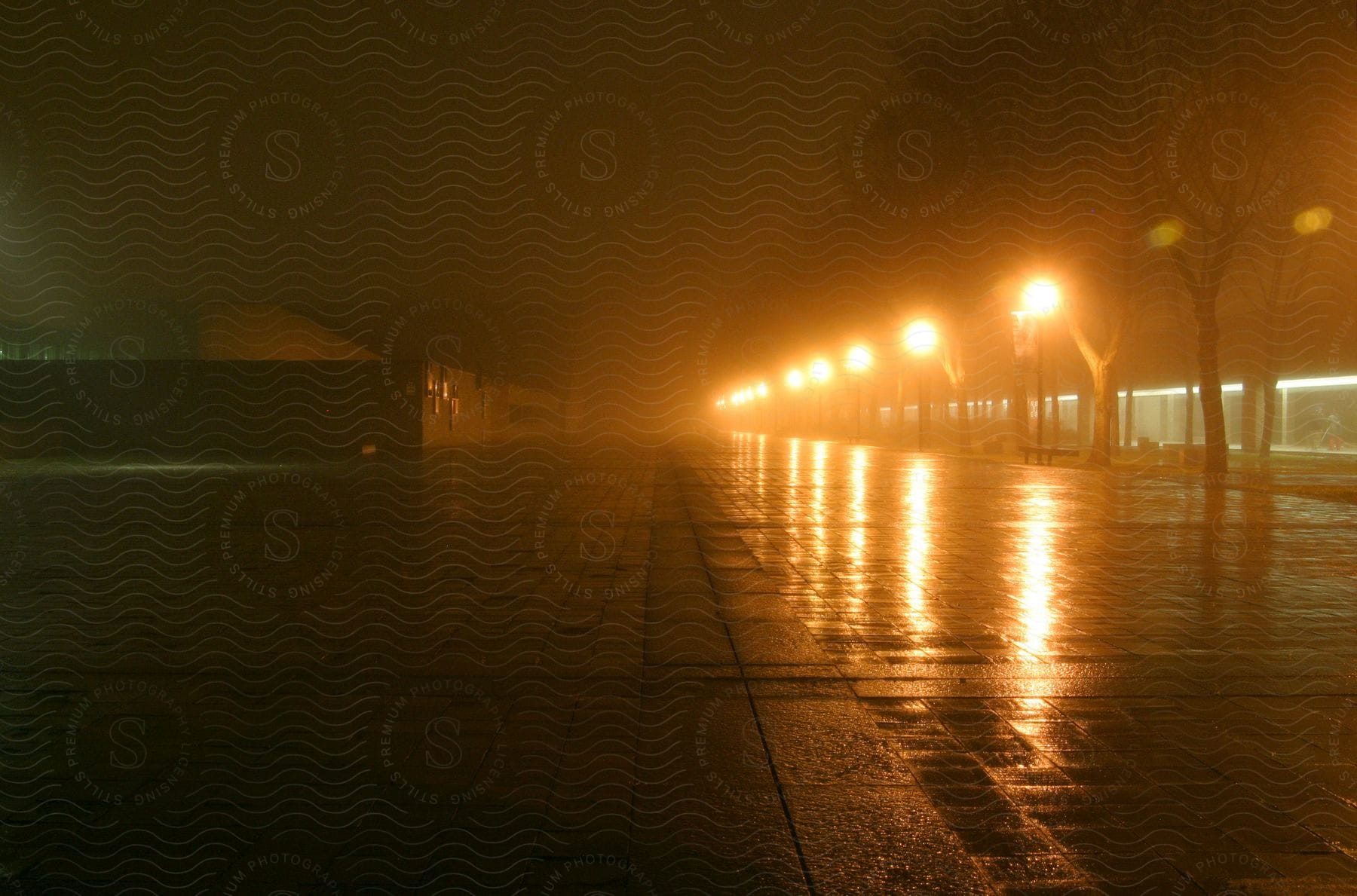 Street lights line a raindrenched city sidewalk