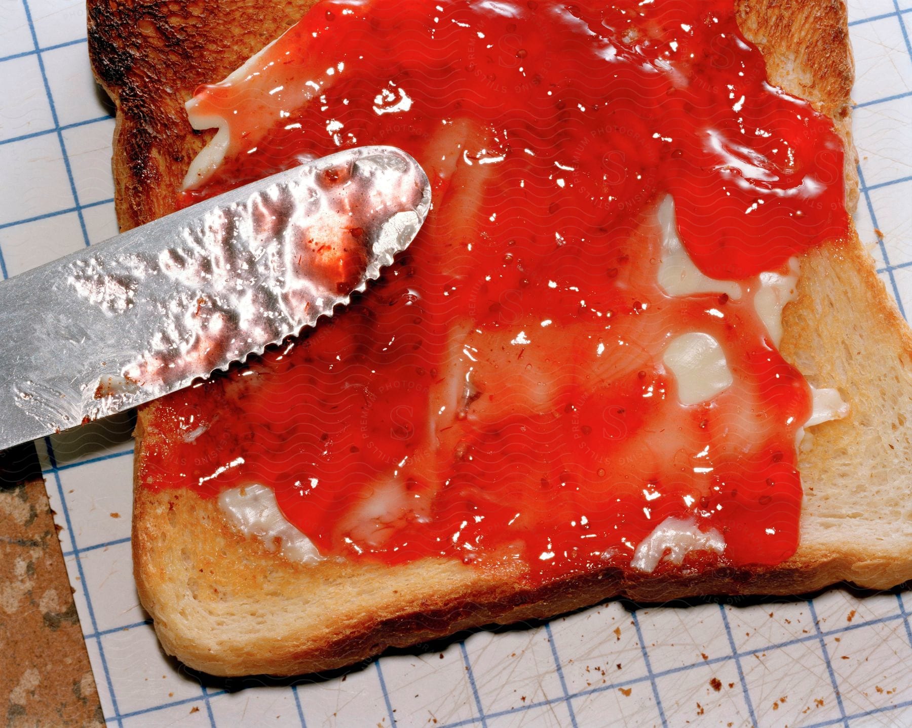 A butter knife spreads jelly on a piece of toast on a counter