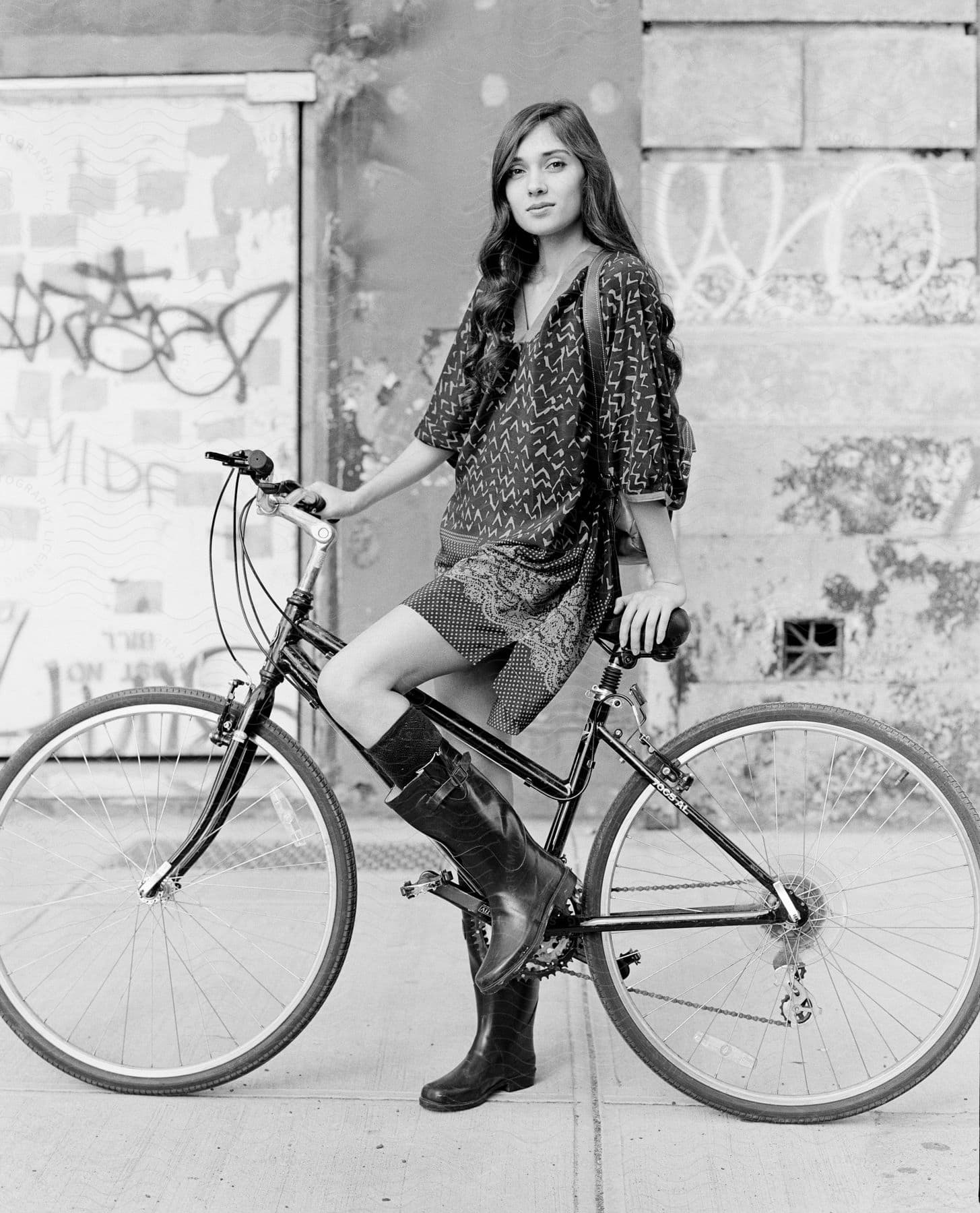 A young girl carrying a bag and wearing a boot is riding a bike