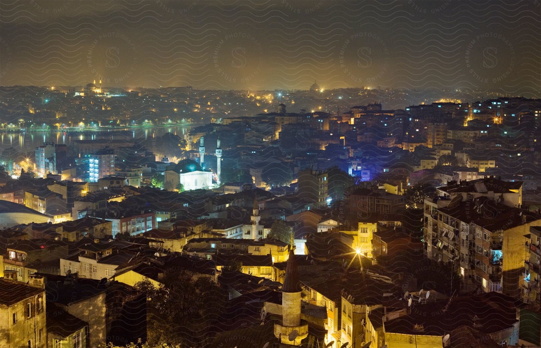 A city with mosques at night