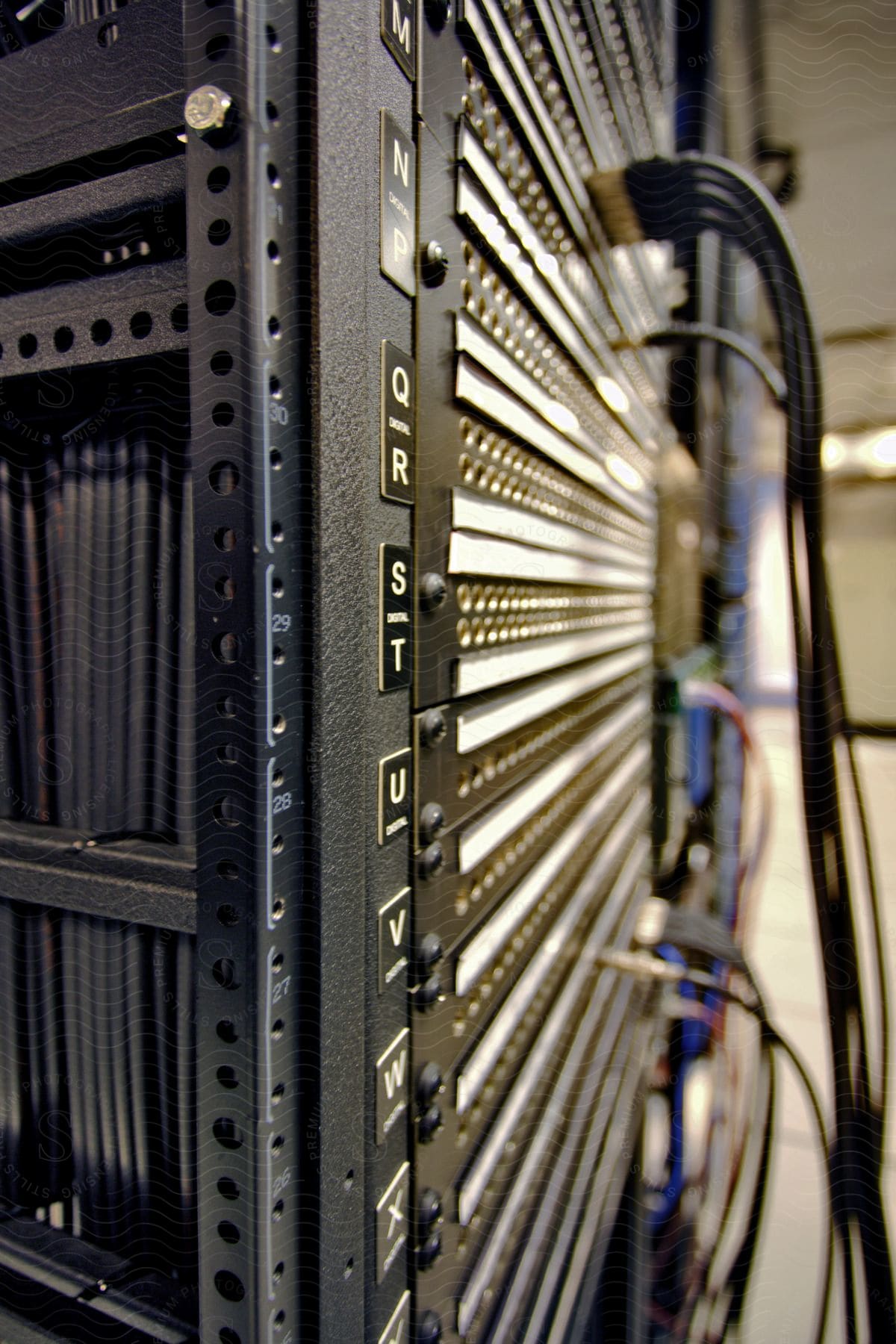 A server in a companys server room with cables and network connections