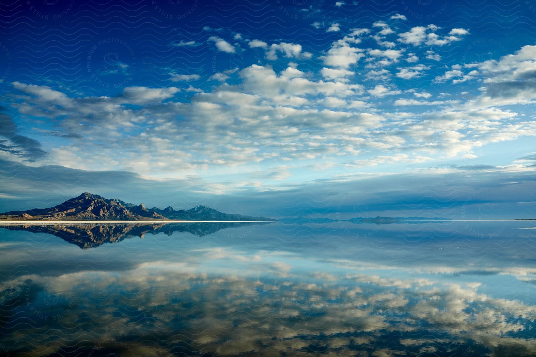 An island reflected in a calm sea surrounded by mountains and a cloudy sky