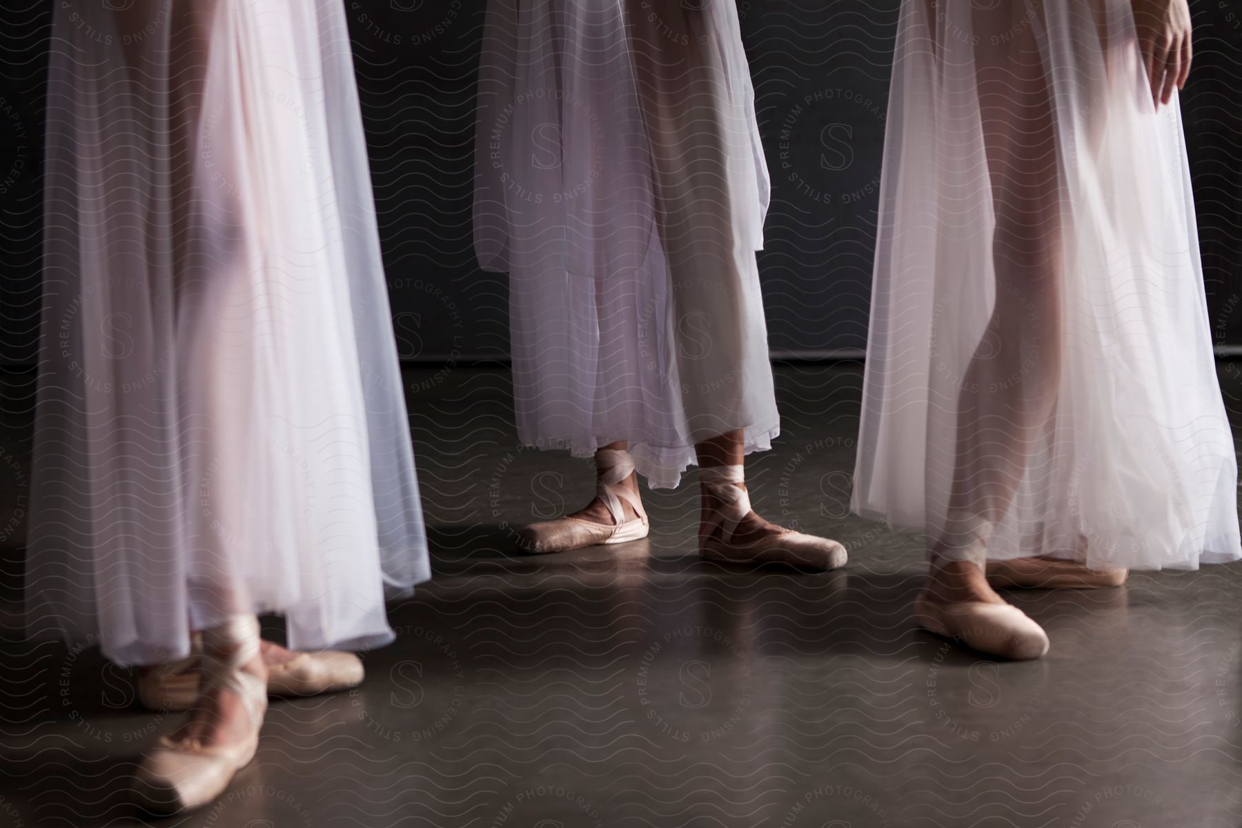 Group of dancers wearing long pink ballet skirts and ballet point shoes