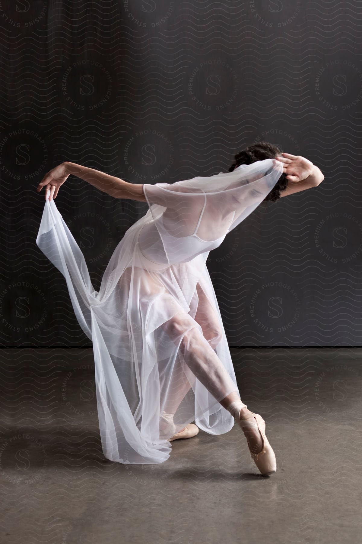 Stock photo of a woman performs a ballet dance with a translucent shawl