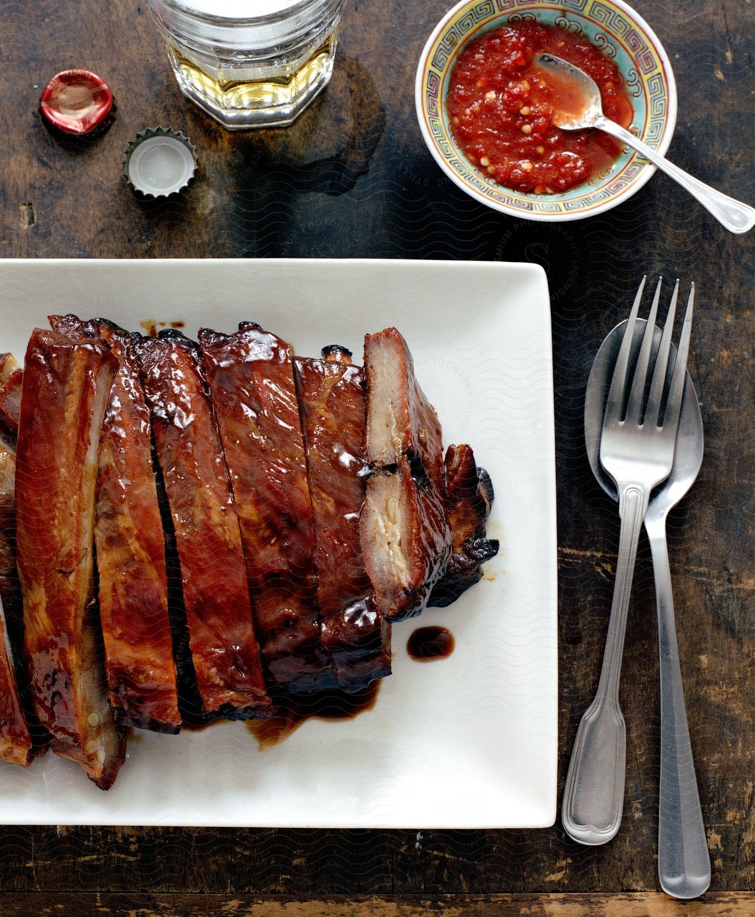 A plate of pork meat with pepper sauce accompanied by cutlery and a glass of drink