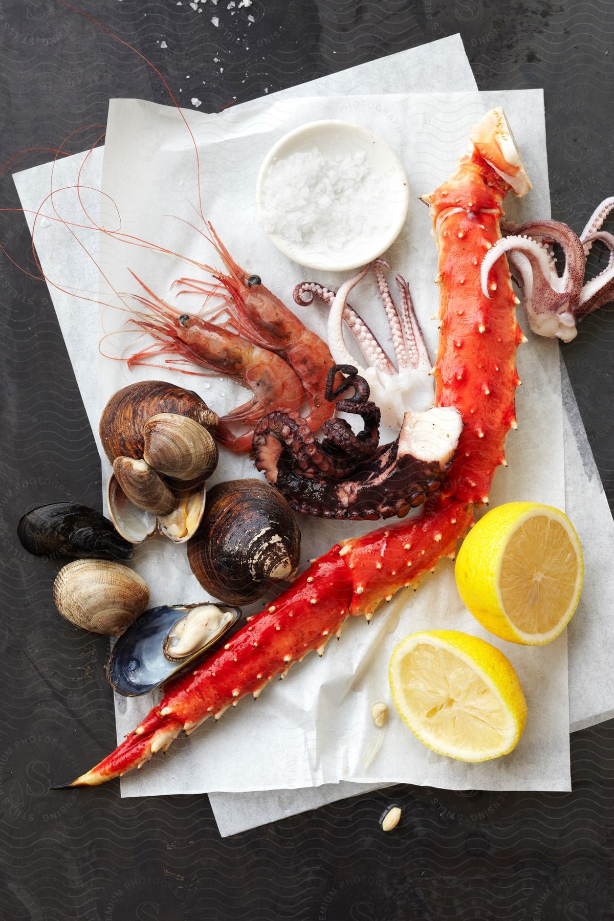 A plate of various seafood including crab octopus clams shrimp and mussels served on paper with salt and lemon