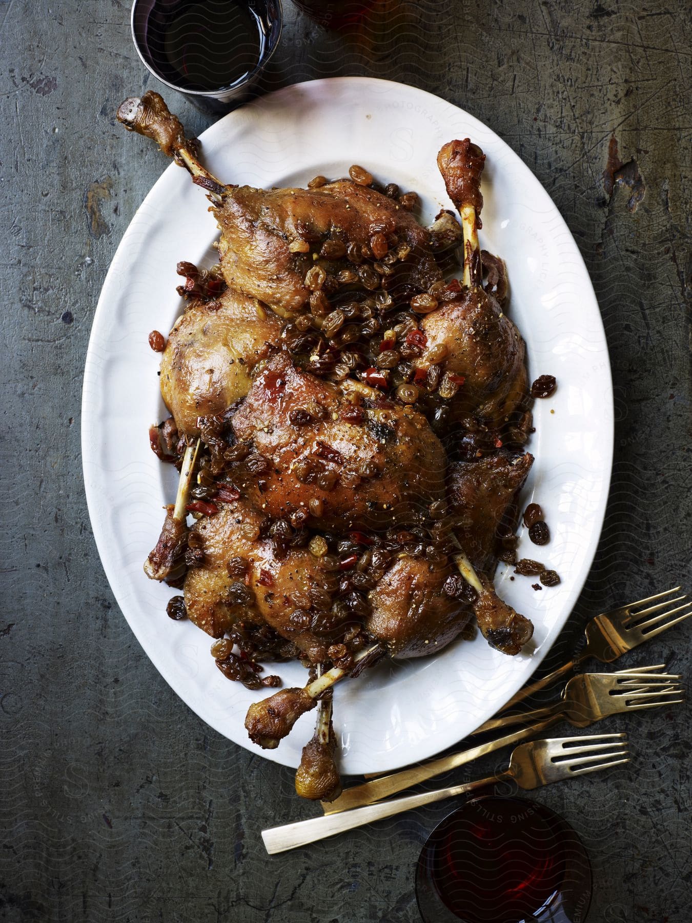 Cups forks and a poultry dish are arranged on a white serving platter