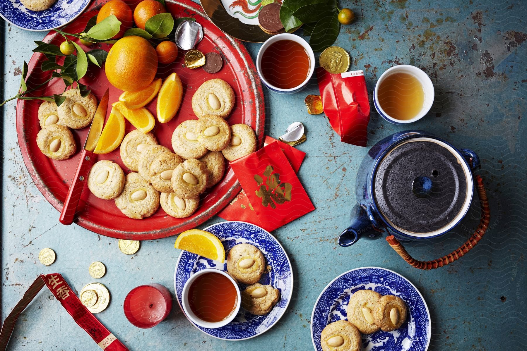 Oriental Food Fruits Porcelain Plates Teapots And Cups With Tea