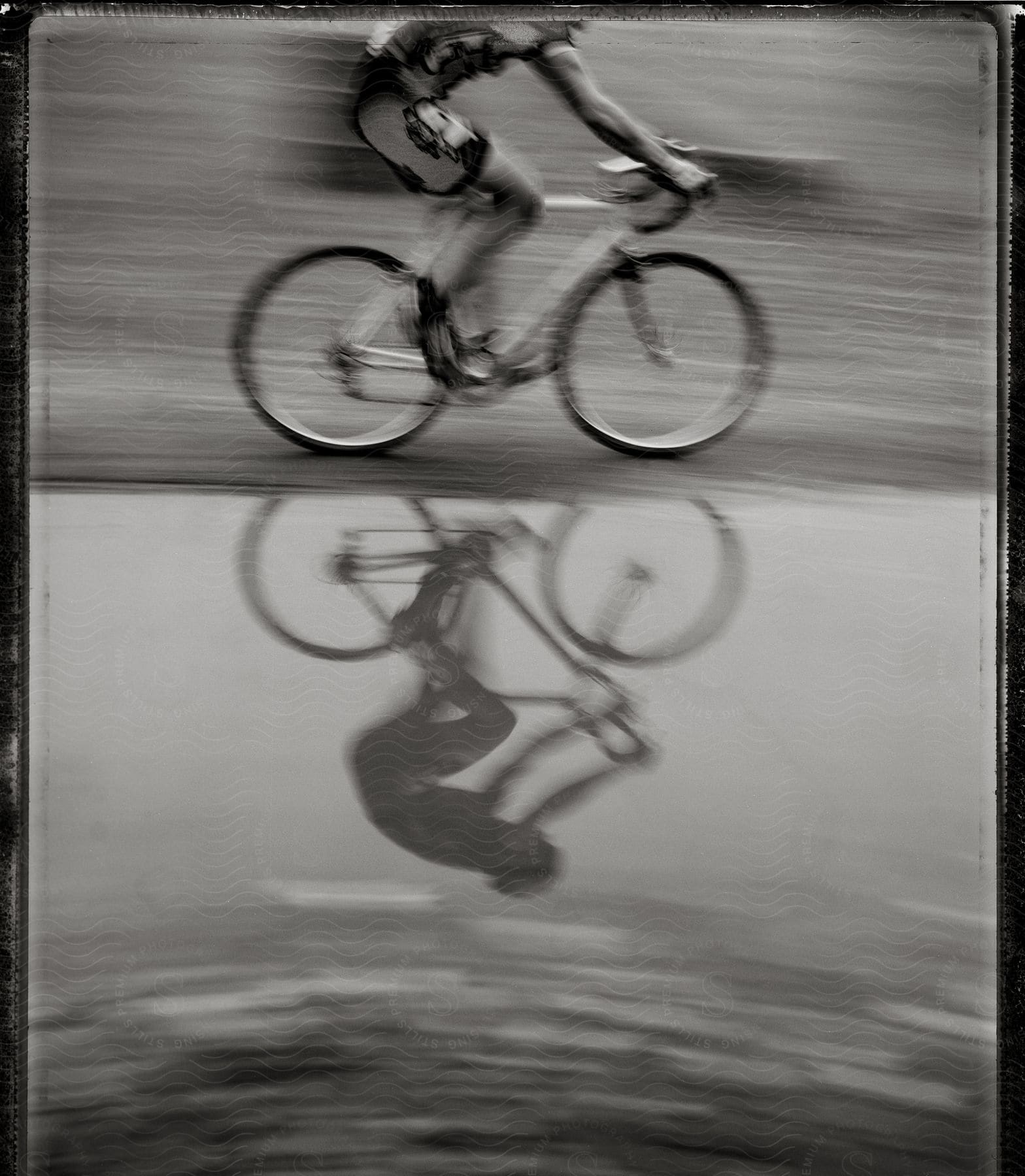 A cyclist confidently rides on the road adjacent to a pool of water displaying balance and adventure