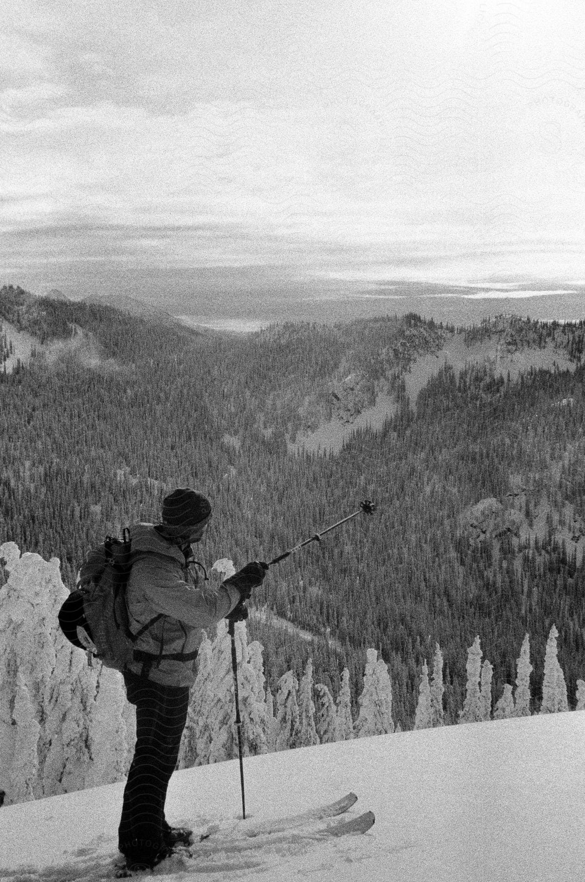 Black and white backcountry skier on a snowcovered mountain overlooking a treefilled valley on a sunny winter day