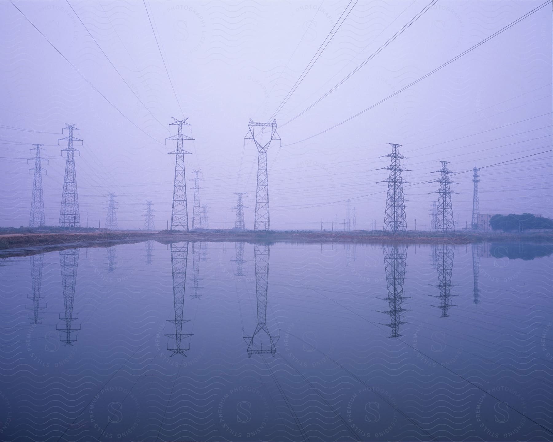 Utility poles line the field along the coast holding cables with reflections on the water surface