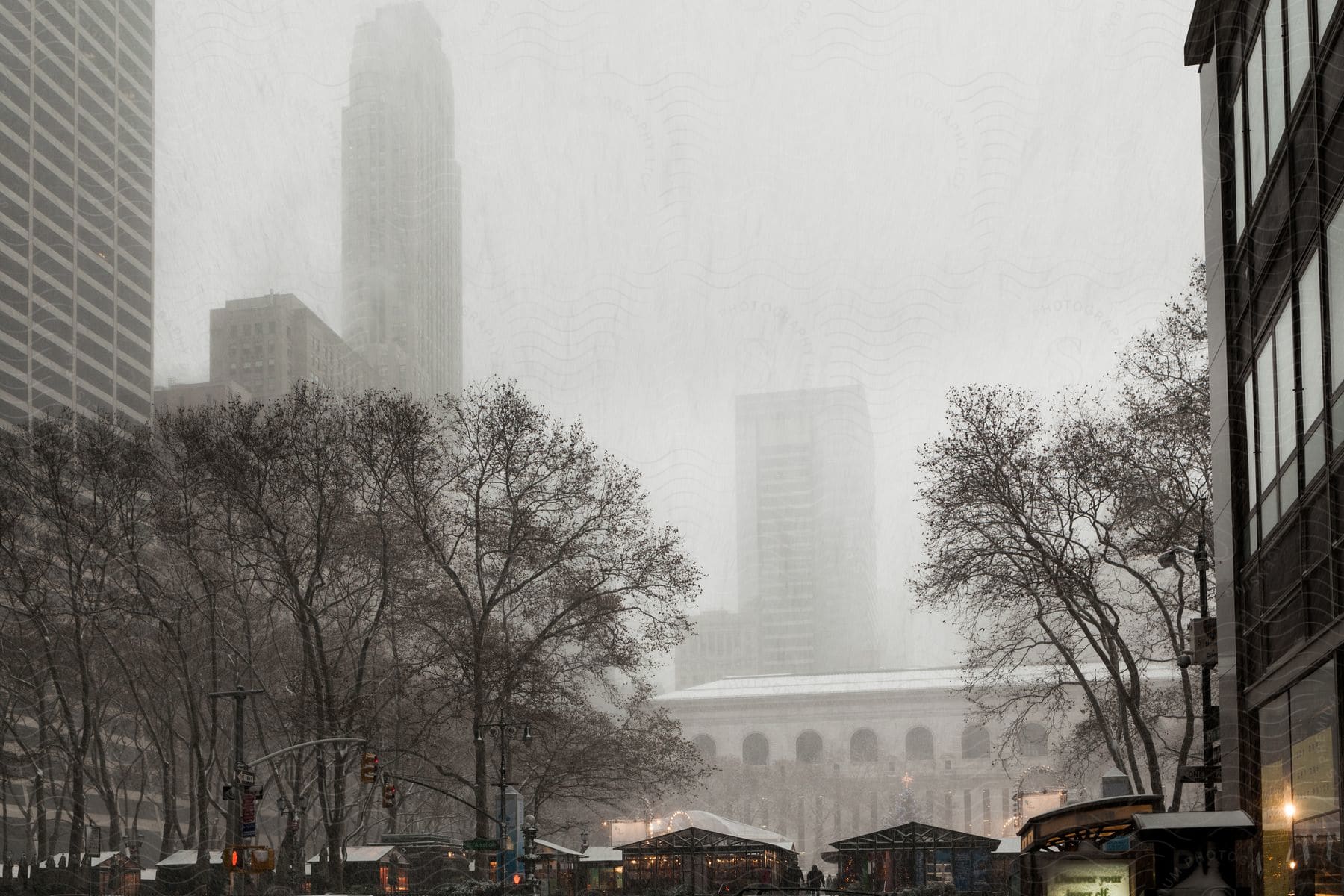 Dense fog obscures downtown skyscrapers