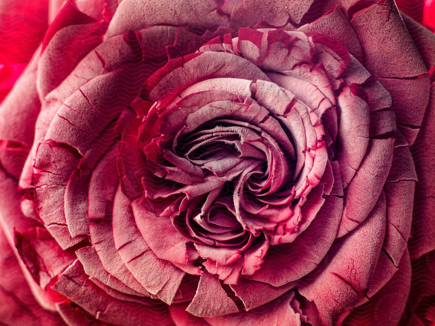 A closeup view of a pinkred rose flower from above