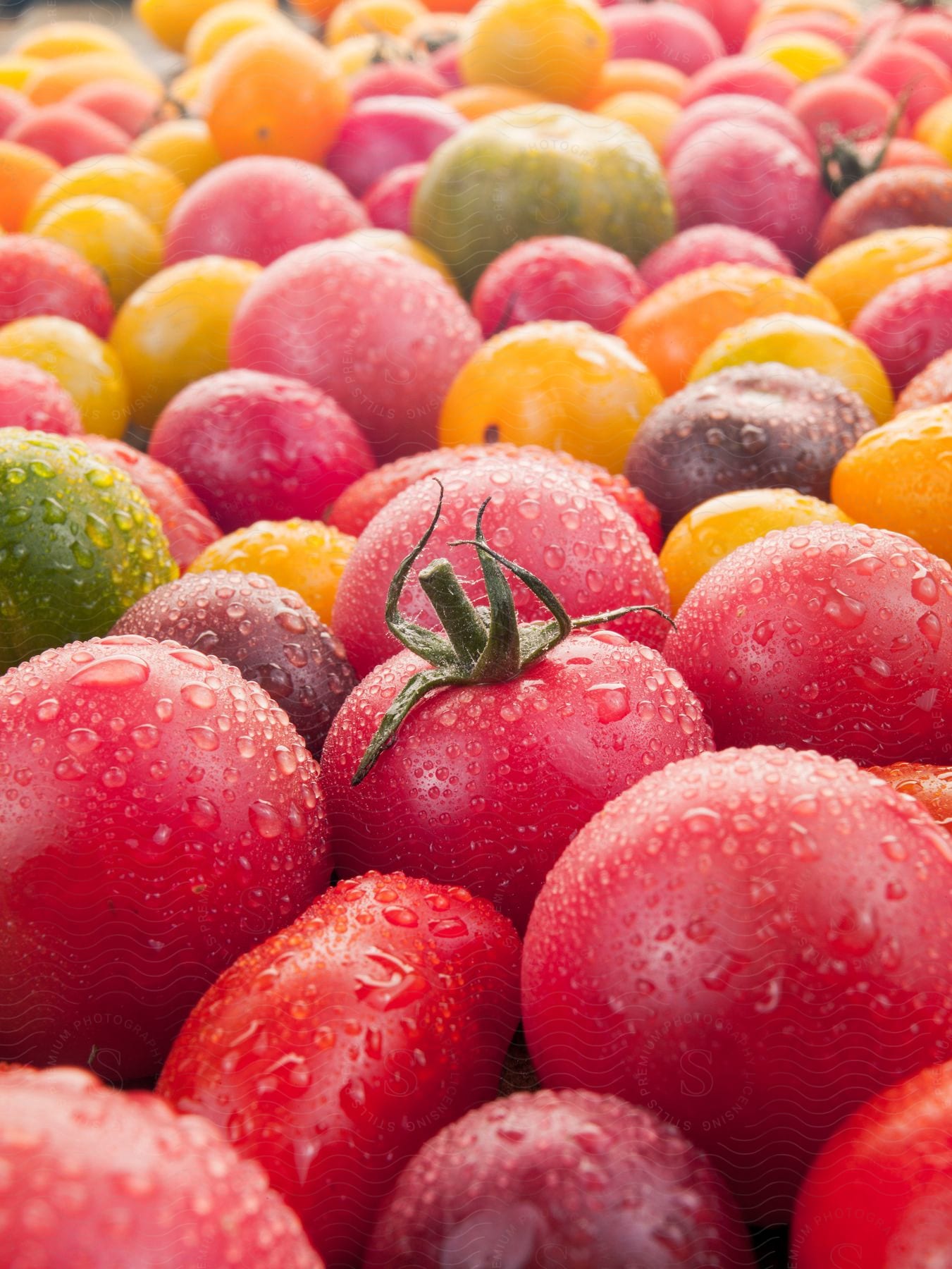 Multi colored tomatoes are piled together with mist on their skins