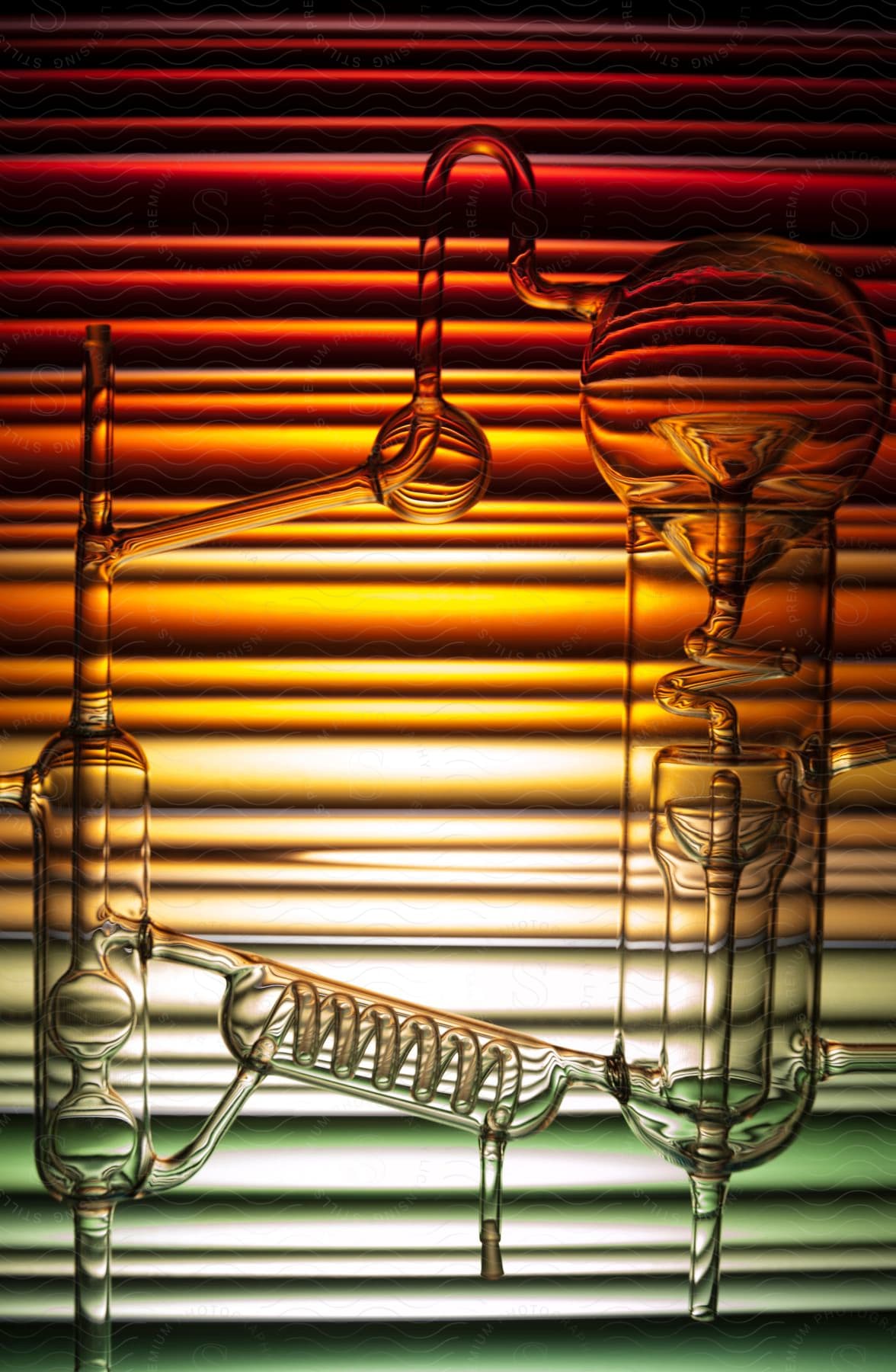 A laboratory equipment in low key lighting with amber tones