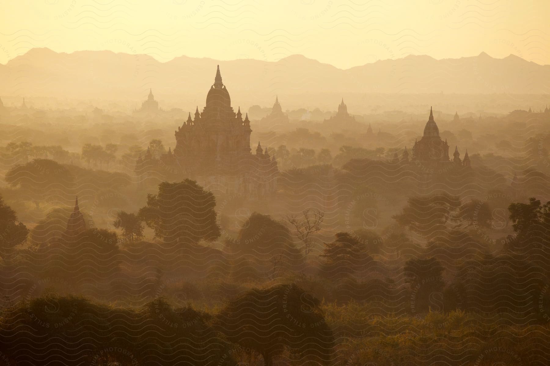 Landscape of old bagan city in myanmar in fog