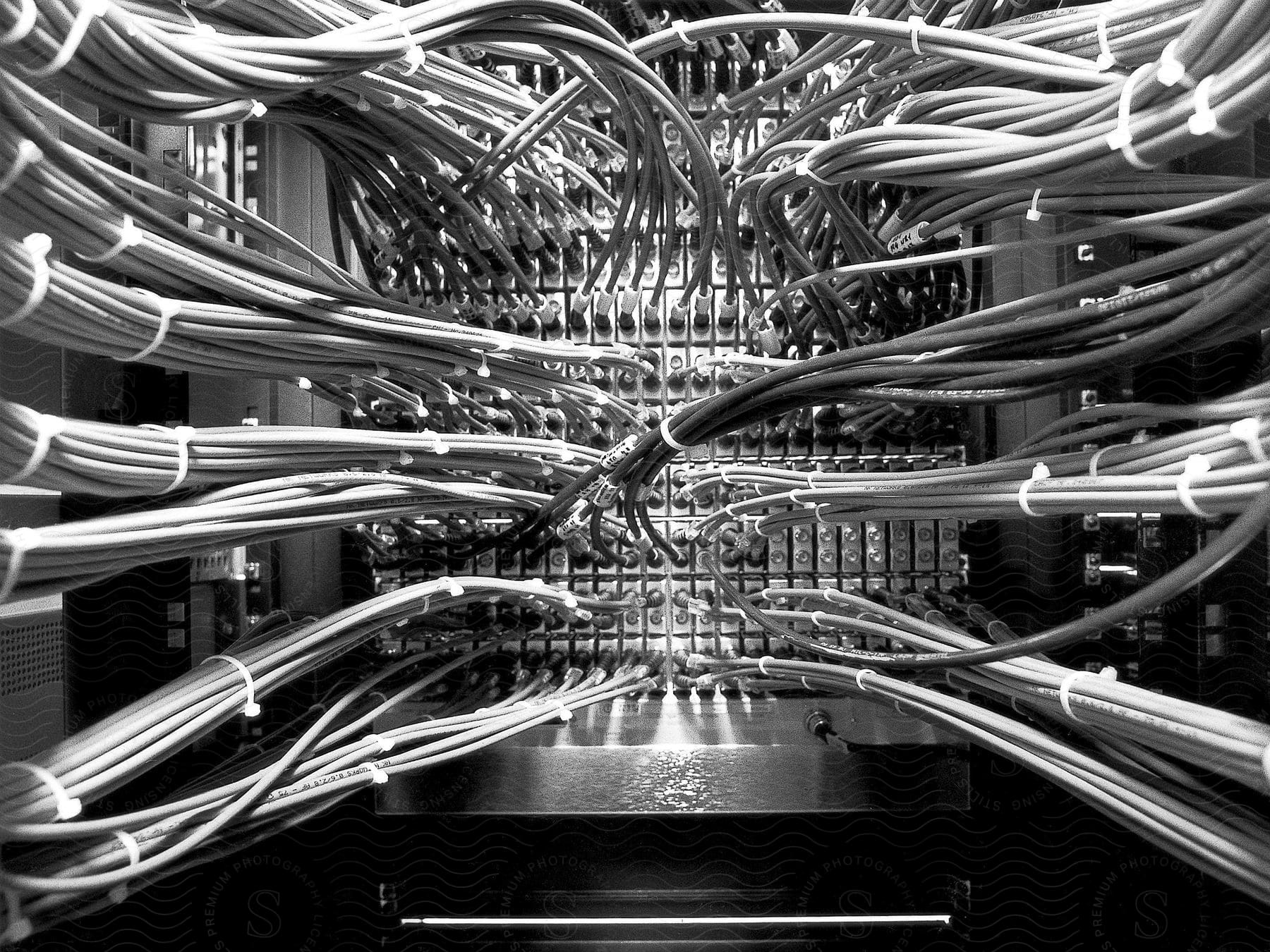 A blackandwhite photo of multiple wires connecting an electrical control unit or server