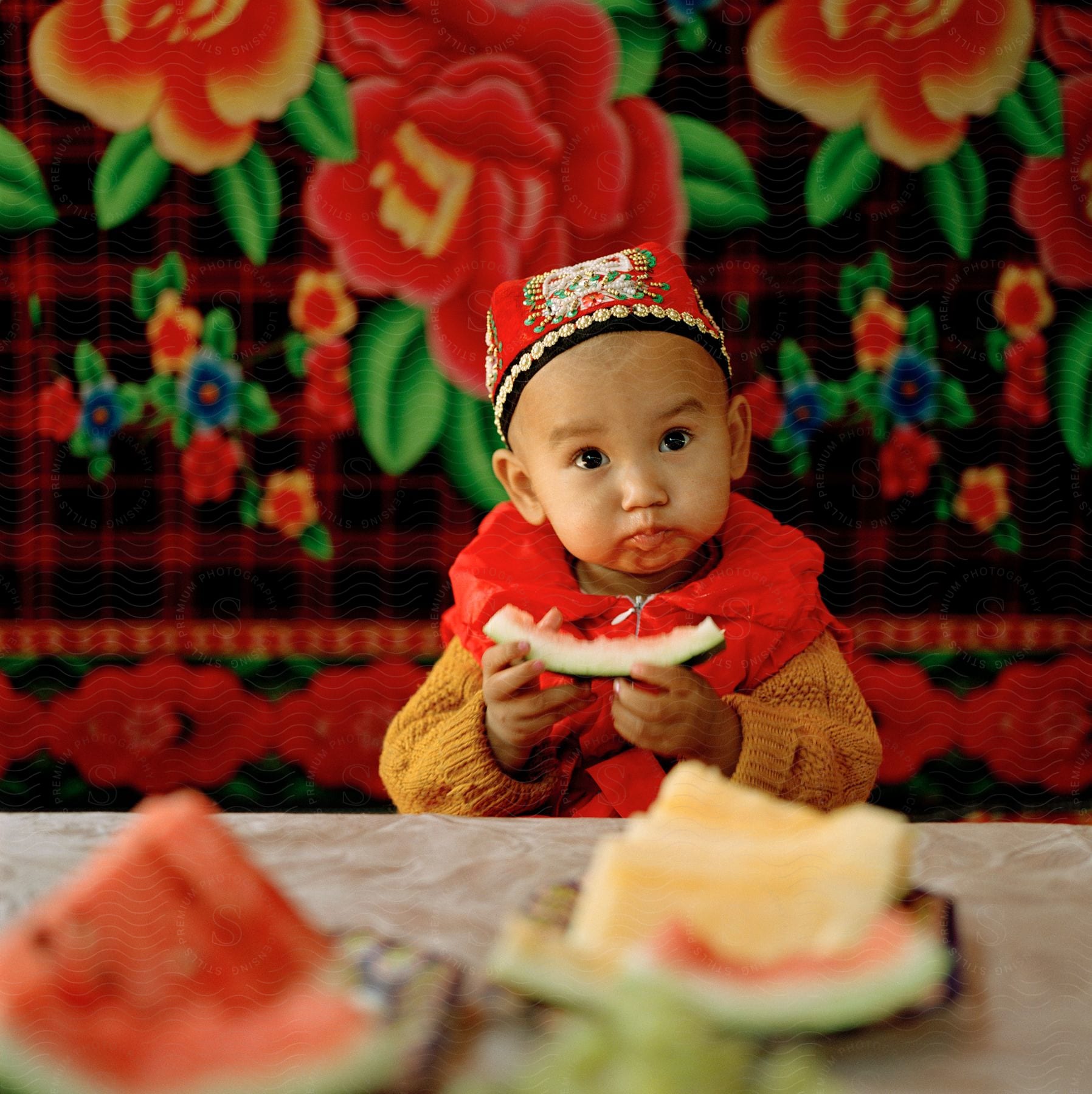 Toddler eating watermelon at a table near a colorful patterned wall